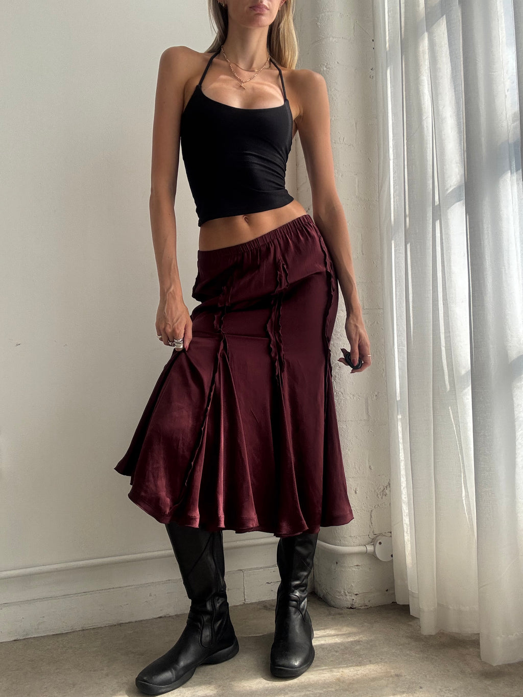 Vintage Y2K Burgundy Silk Ruffle Maxi Skirt - Size S