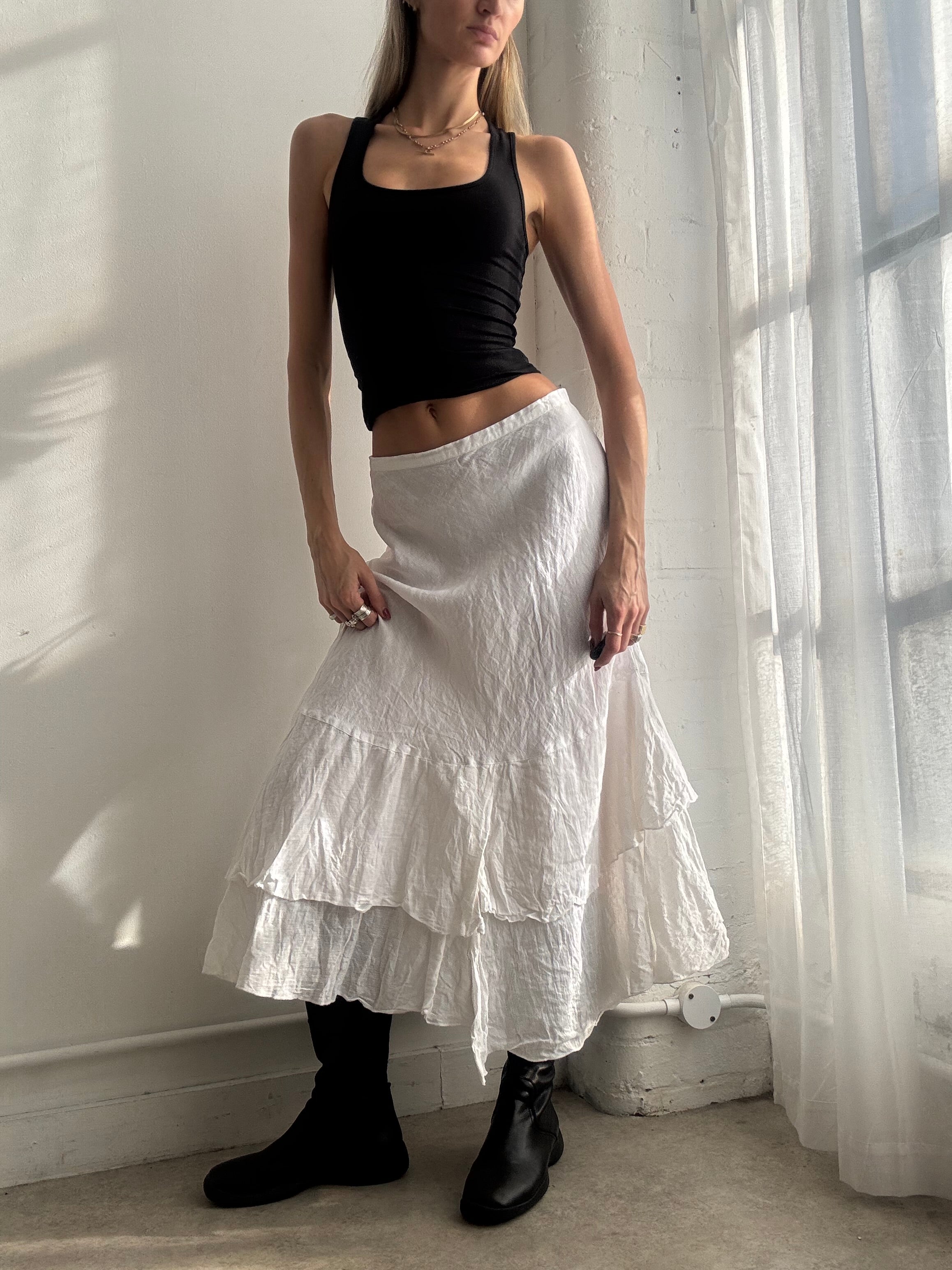 Vintage Y2K white linen ruffle maxi skirt