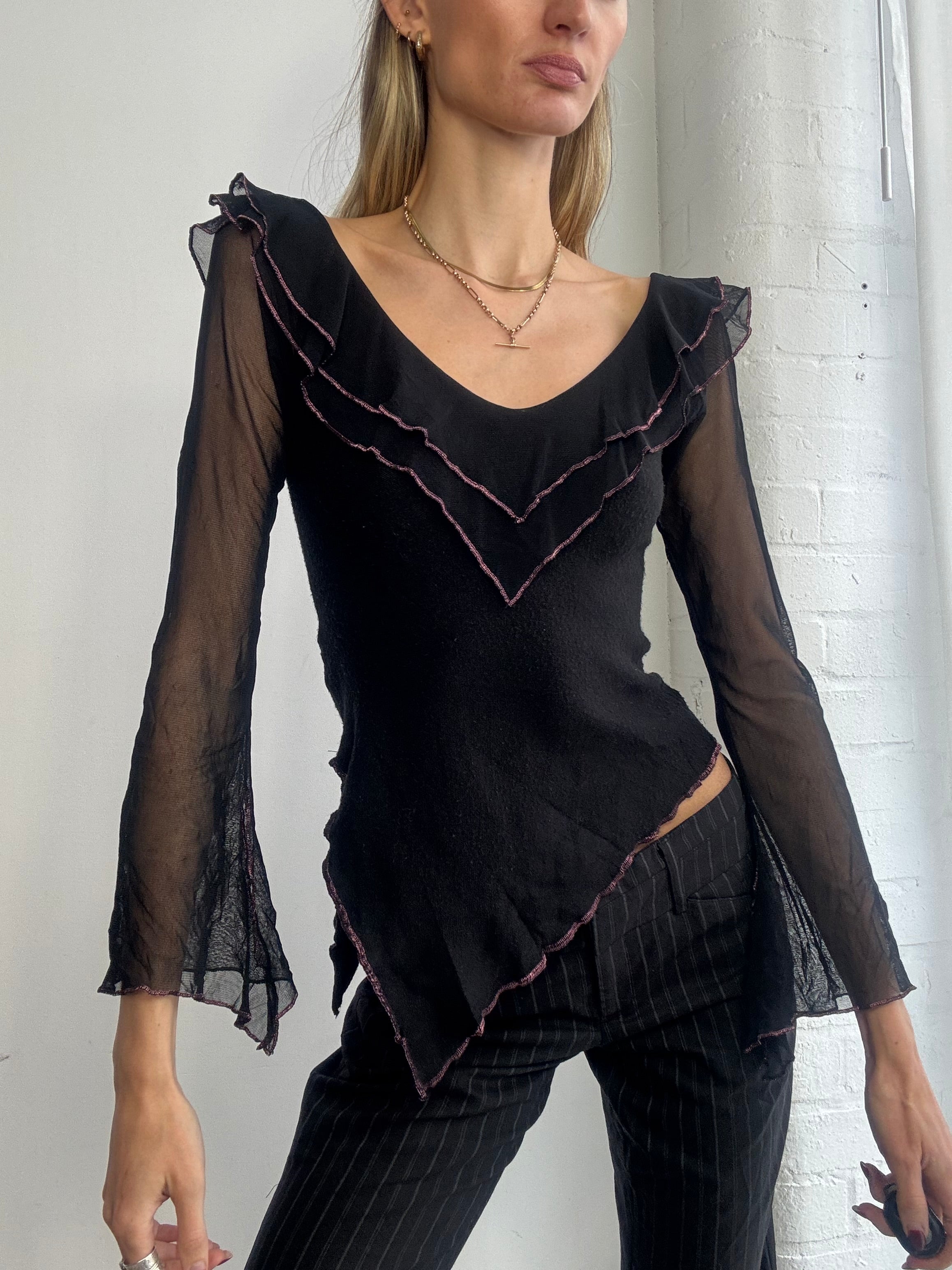 Vintage Y2K asymmetric ruffle mesh top