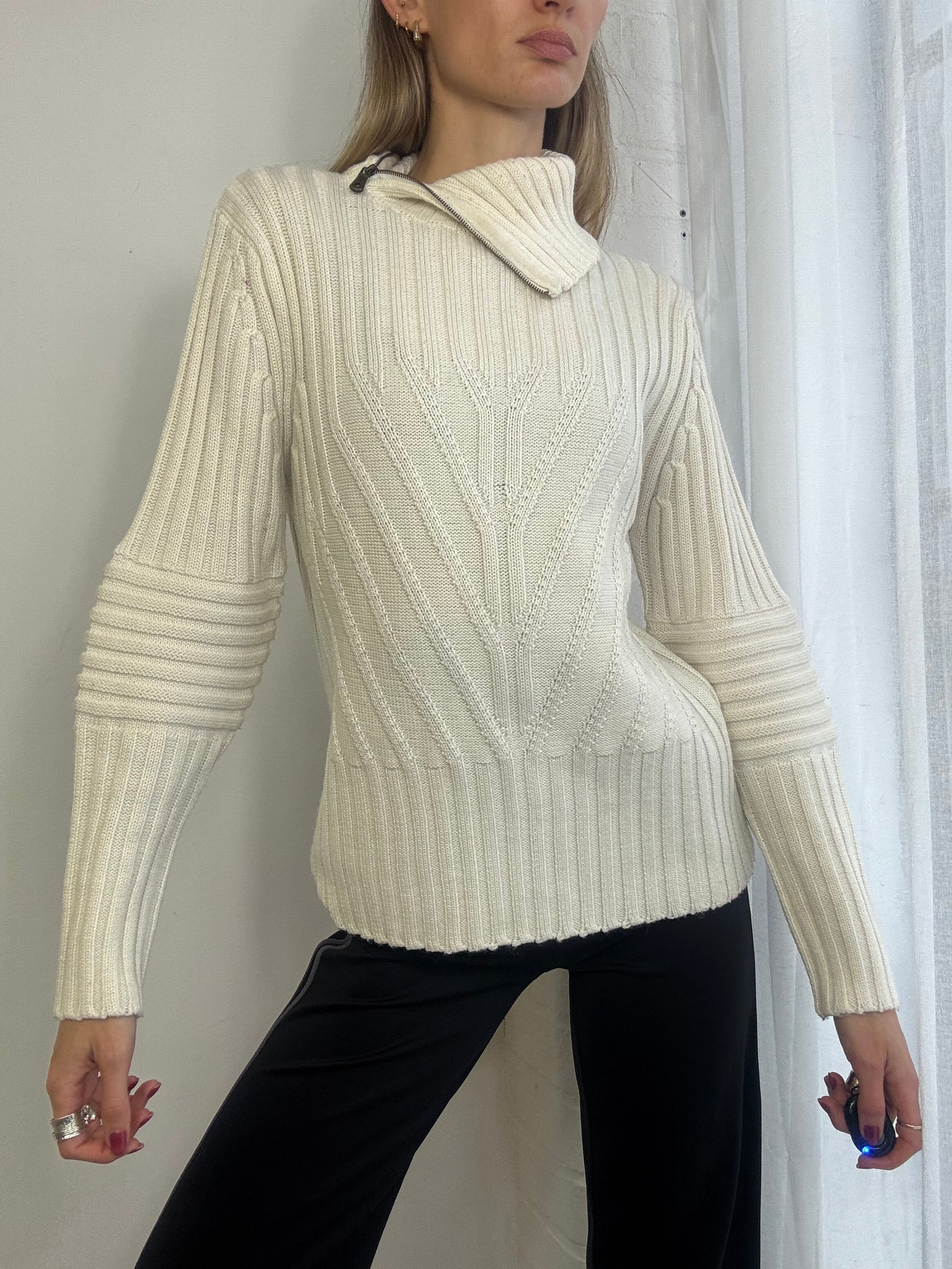 Vintage Y2K cream knitted jumper asymmetric zip