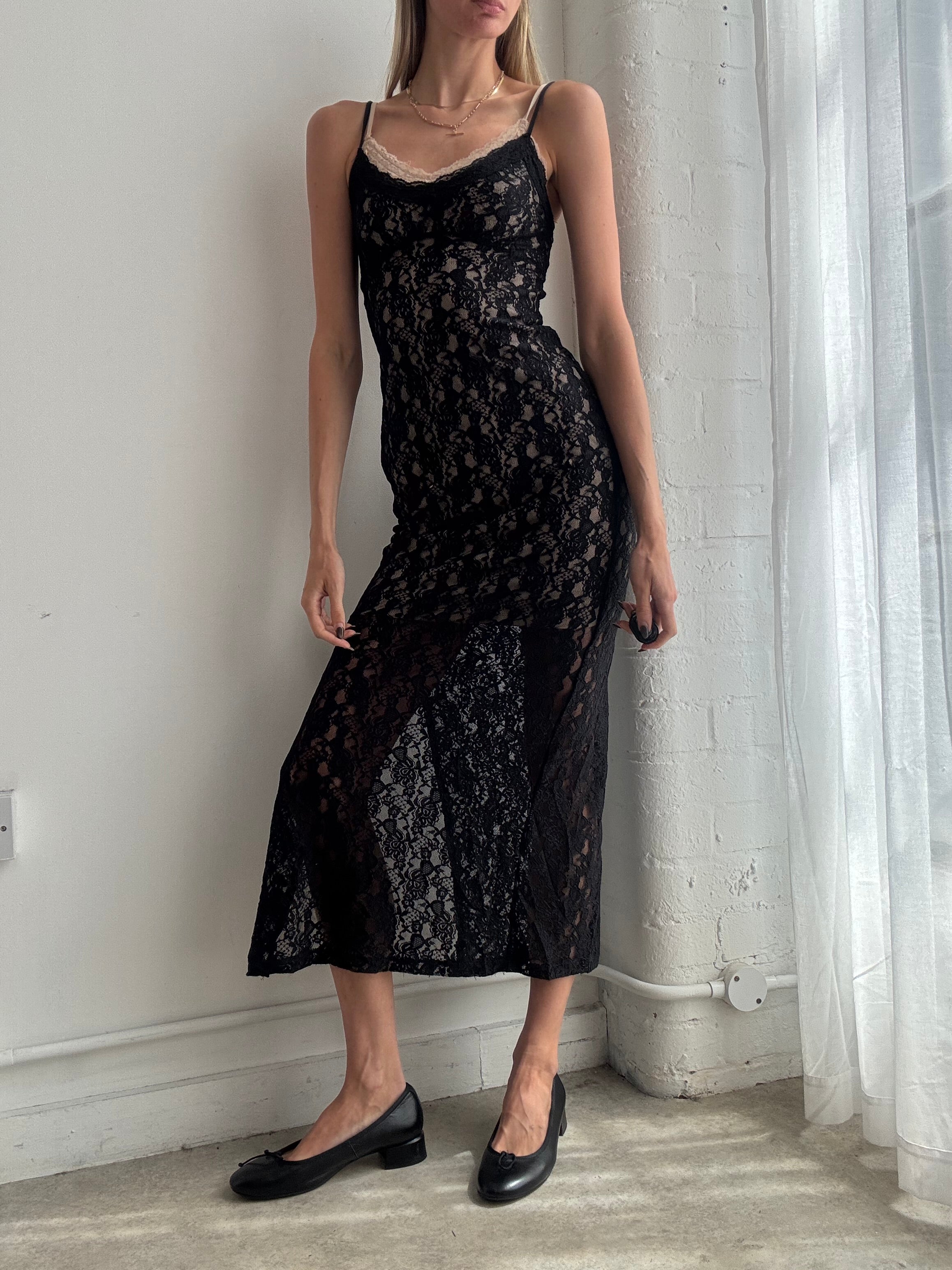 Vintage Y2K black lace slip maxi dress - Size XS