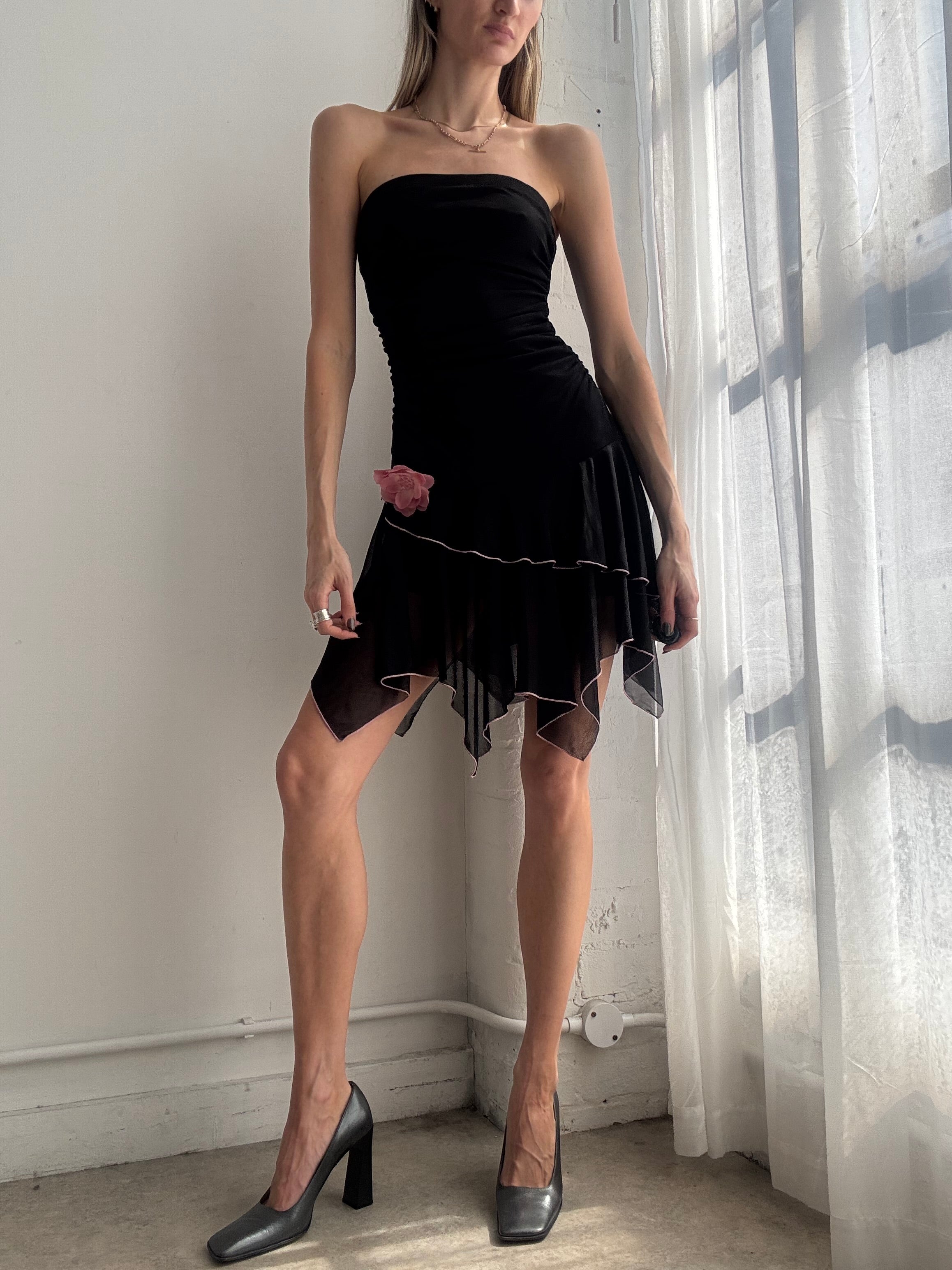 Vintage Y2K black strapless asymmetrical ruffle mini dress - Size XS