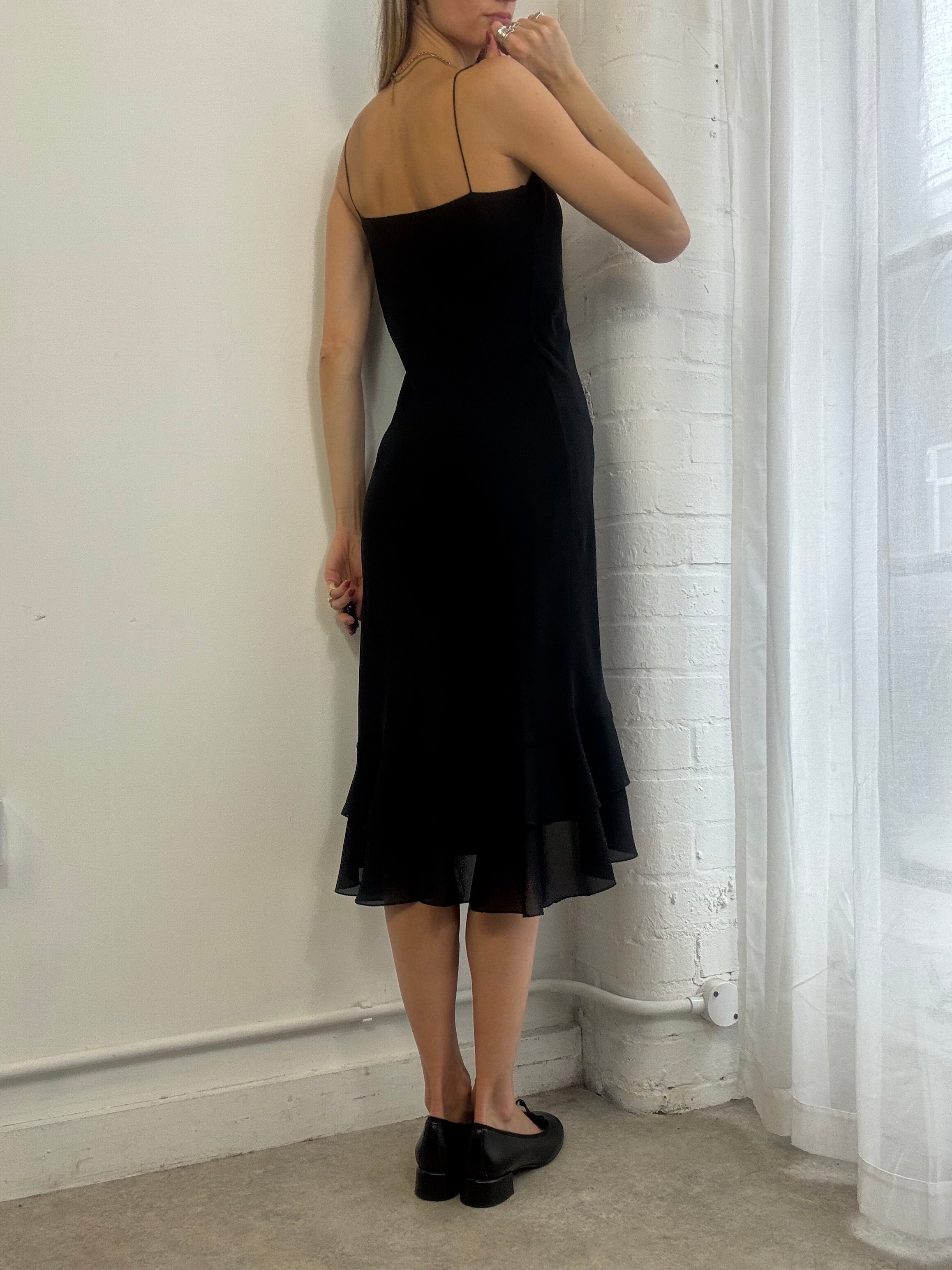 Vintage 90s Black Mesh Cowl Neck Slip Dress Ruffle