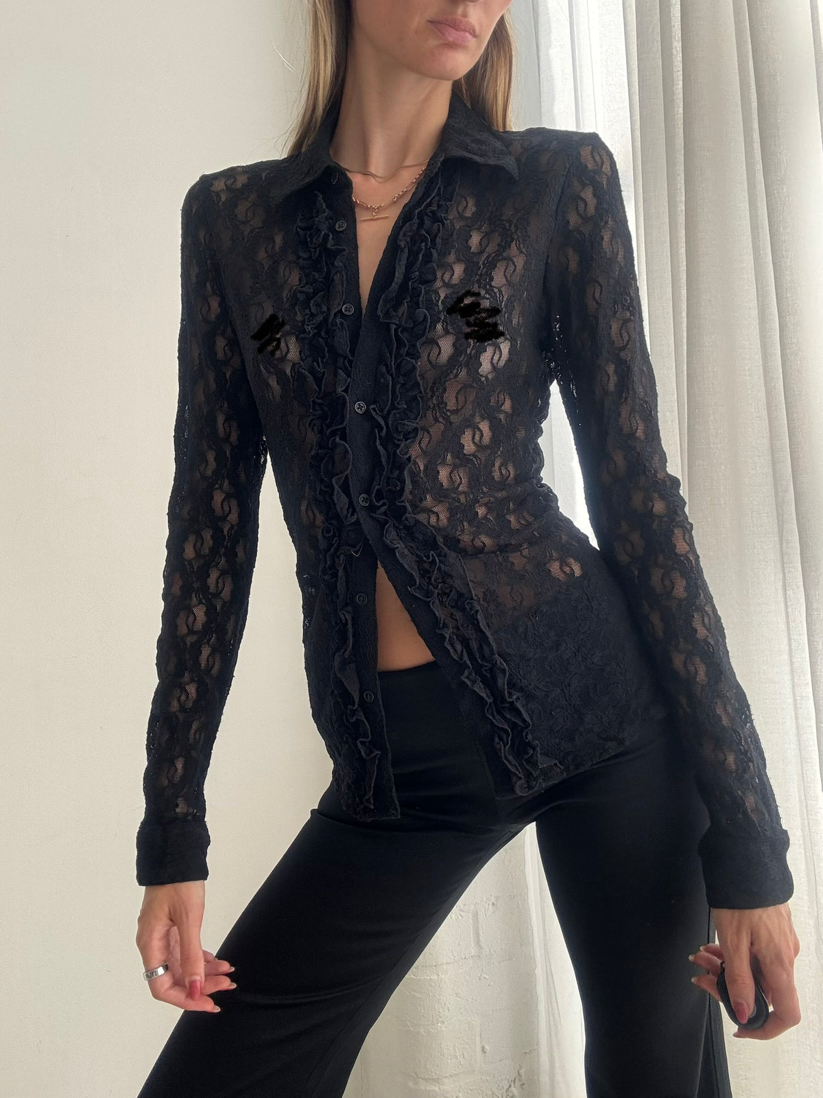 Vintage Y2K Ralph Lauren Black Sheer Lace Button Up Shirt Top - Size S
