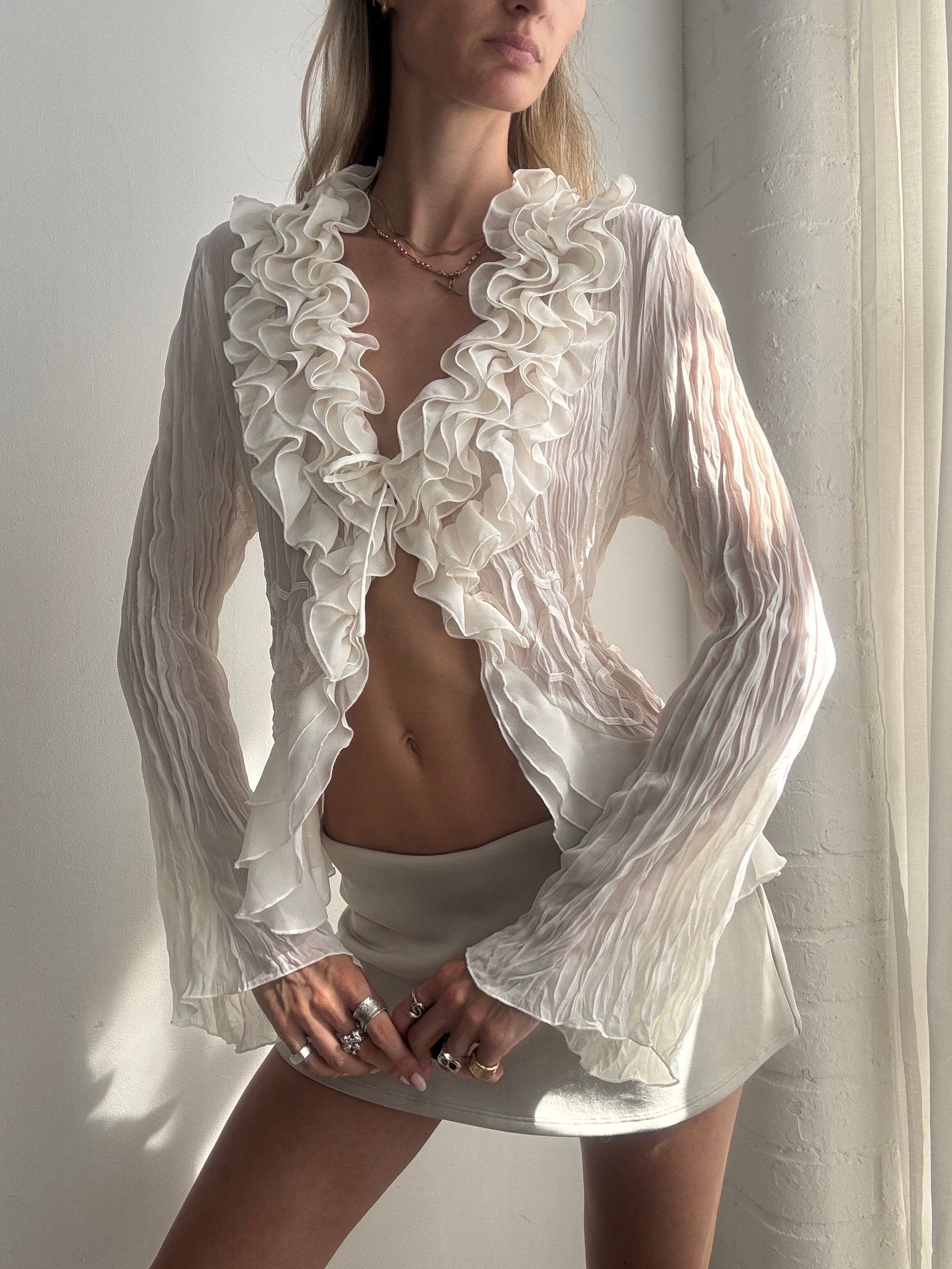 Vintage Y2K Sheer Ruffle Blouse - Size L