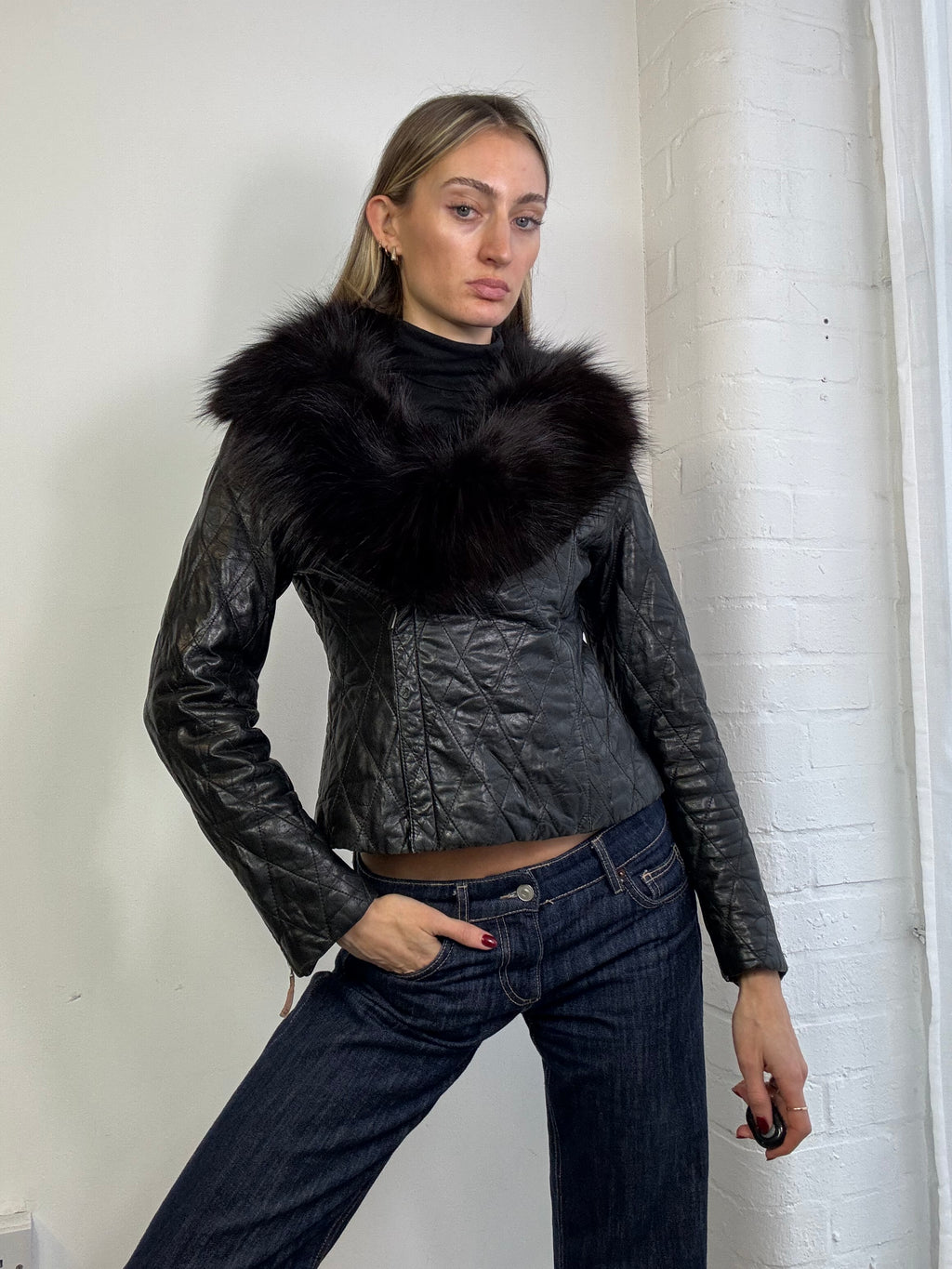Vintage Y2K asymmetric leather biker jacket with fur trim