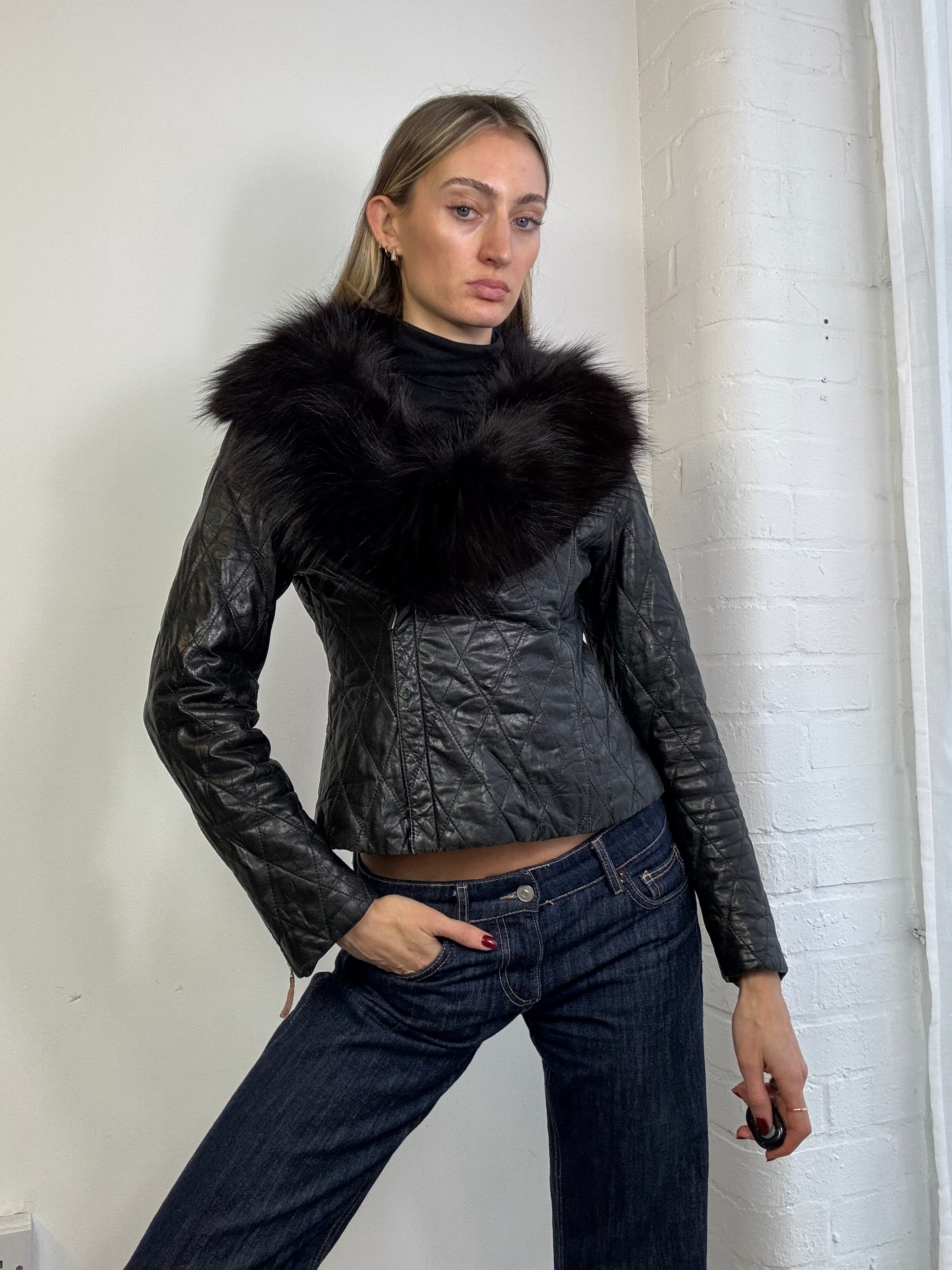 Vintage Y2K asymmetric leather biker jacket with fur trim