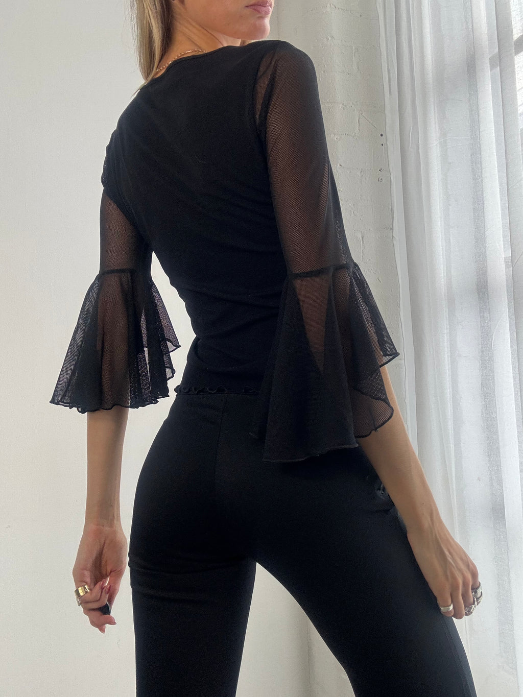 Vintage Y2K Black Sheer Bell Sleeve Top - Size S
