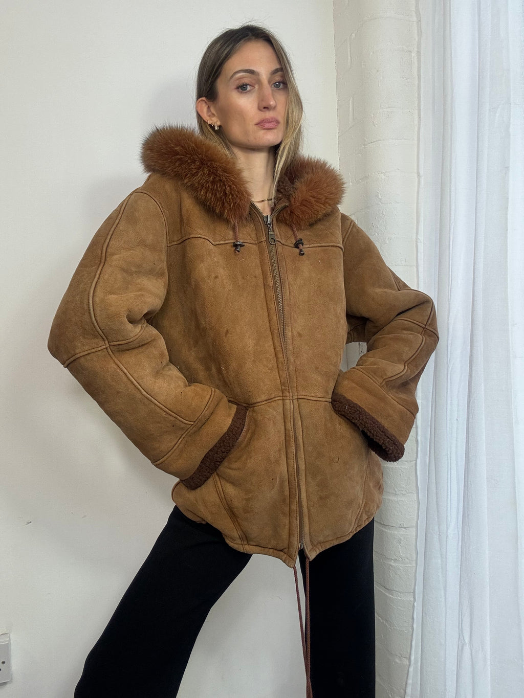 Vintage 90s brown suede hooded coat