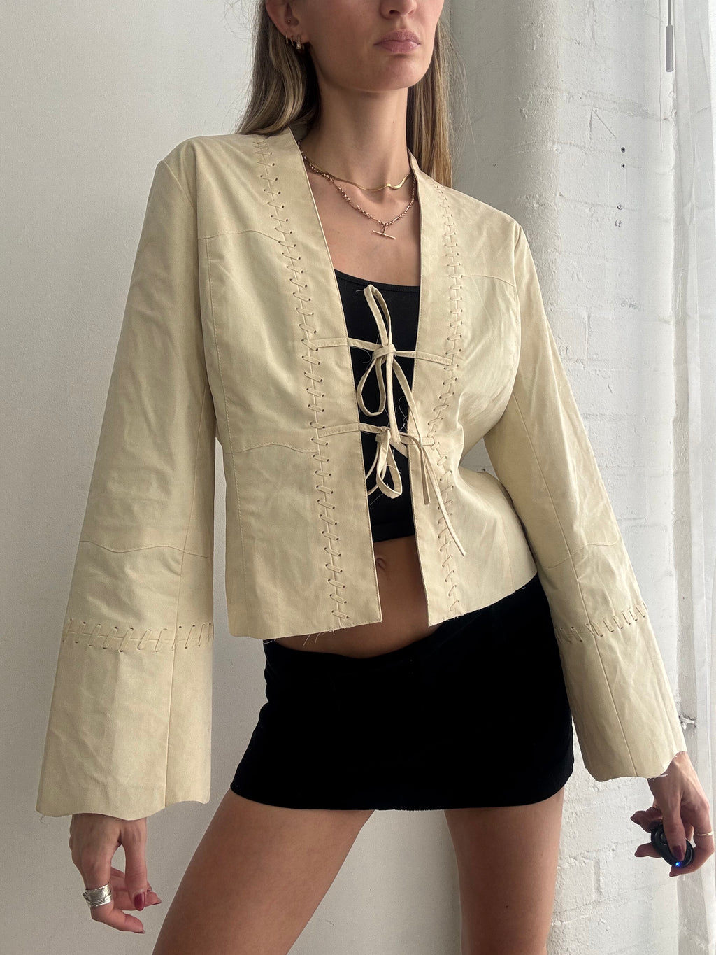 Vintage Y2K cream tie front faux suede jacket