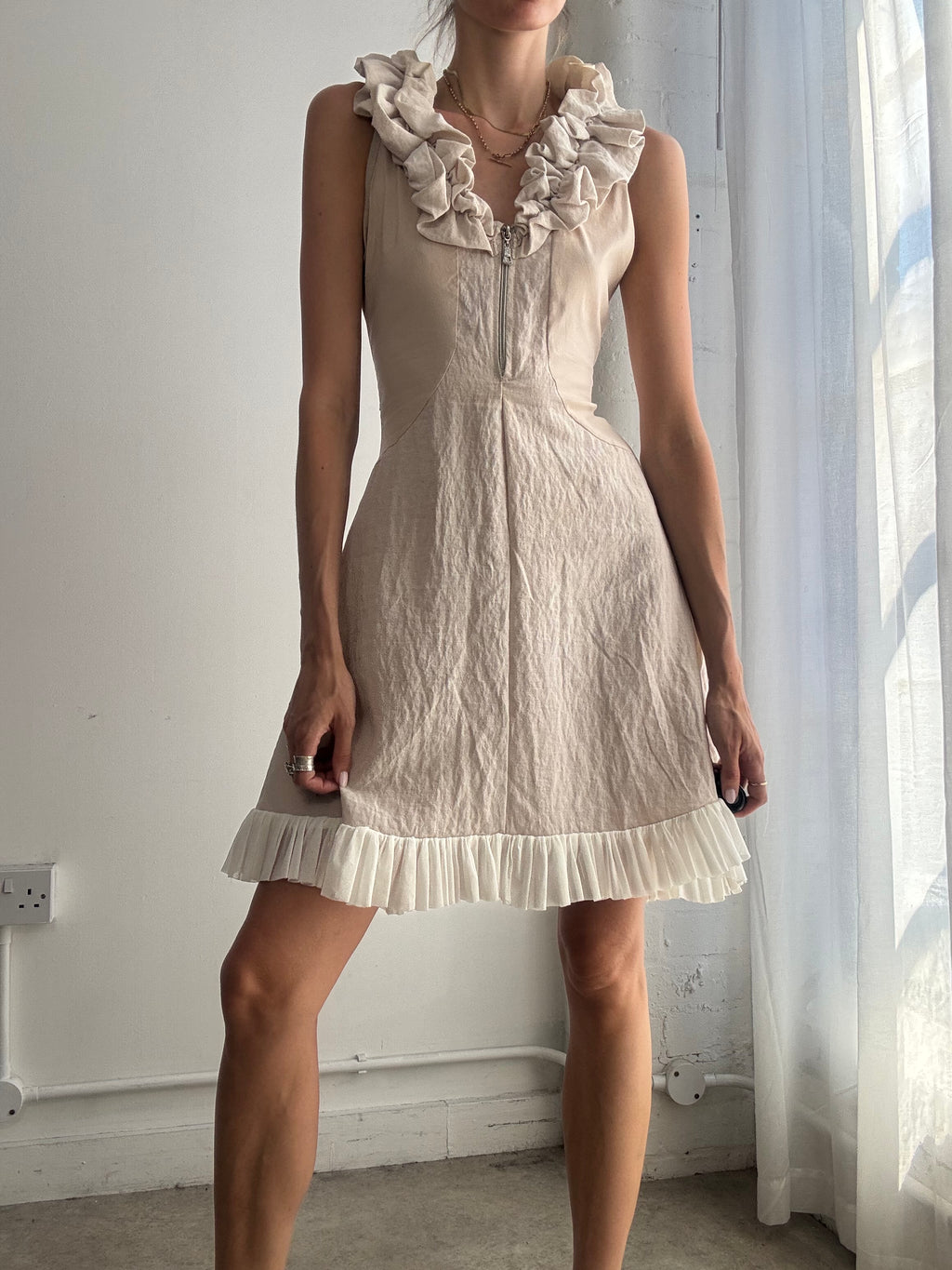 Vintage Zone Bleue Romantic Ruffle Neck Mini Dress - Size XS/S