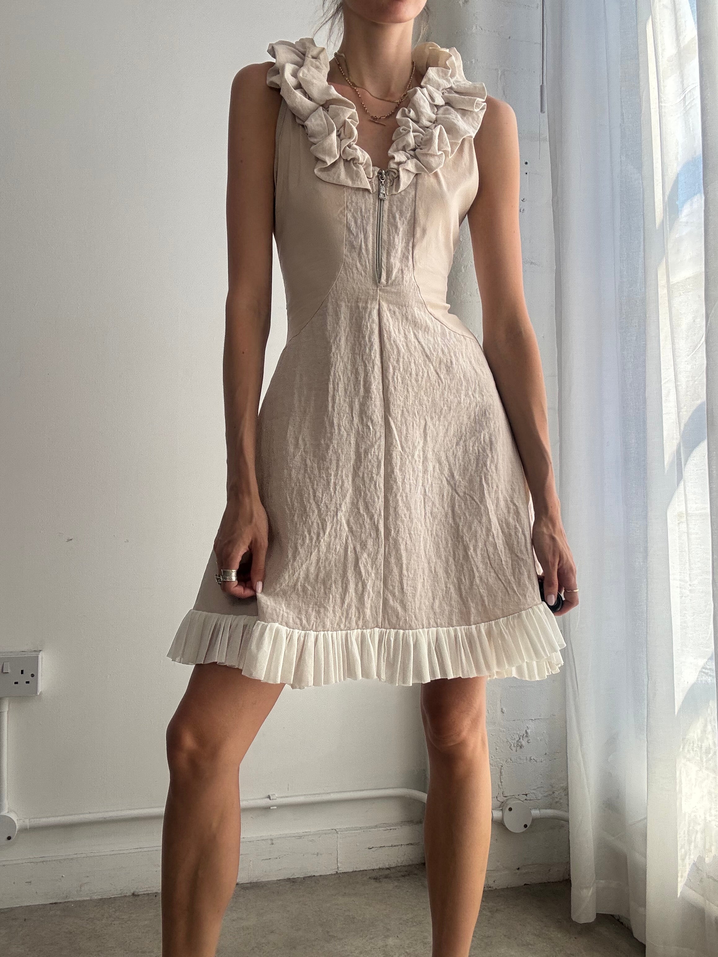 Vintage Zone Bleue Romantic Ruffle Neck Mini Dress - Size XS/S