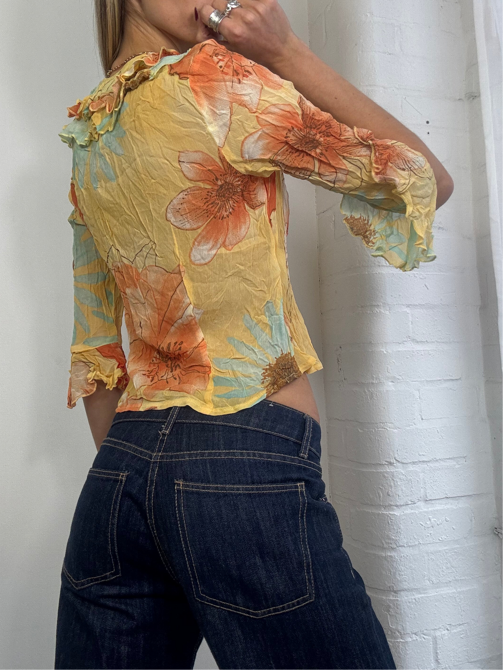 Vintage yellow floral ruffle blouse