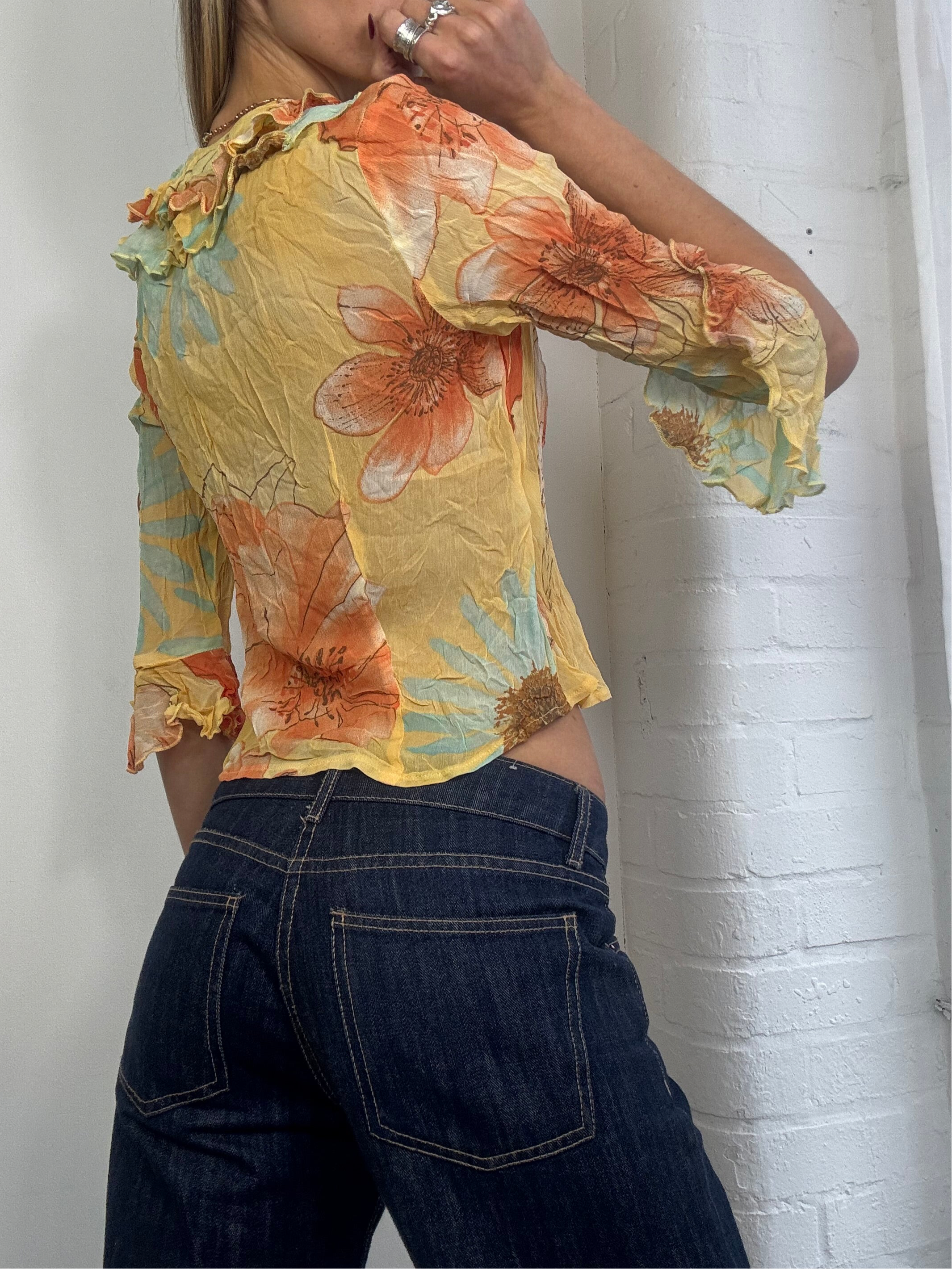 Vintage yellow floral ruffle blouse