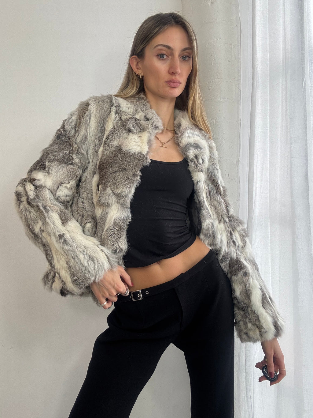 Vintage Y2K grey & white rabbit fur jacket