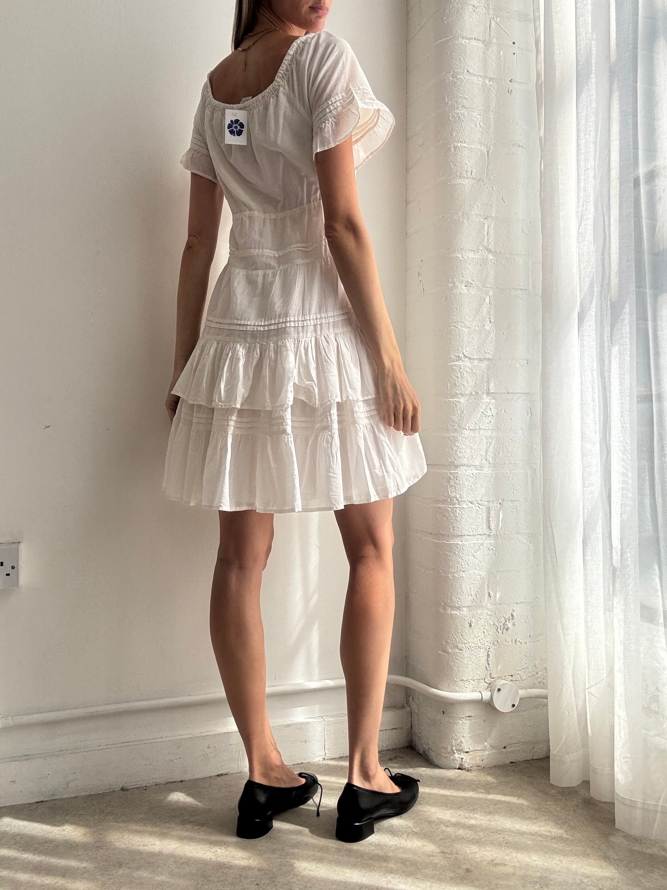 Vintage Y2K white tiered cotton prairie mini dress - Size S