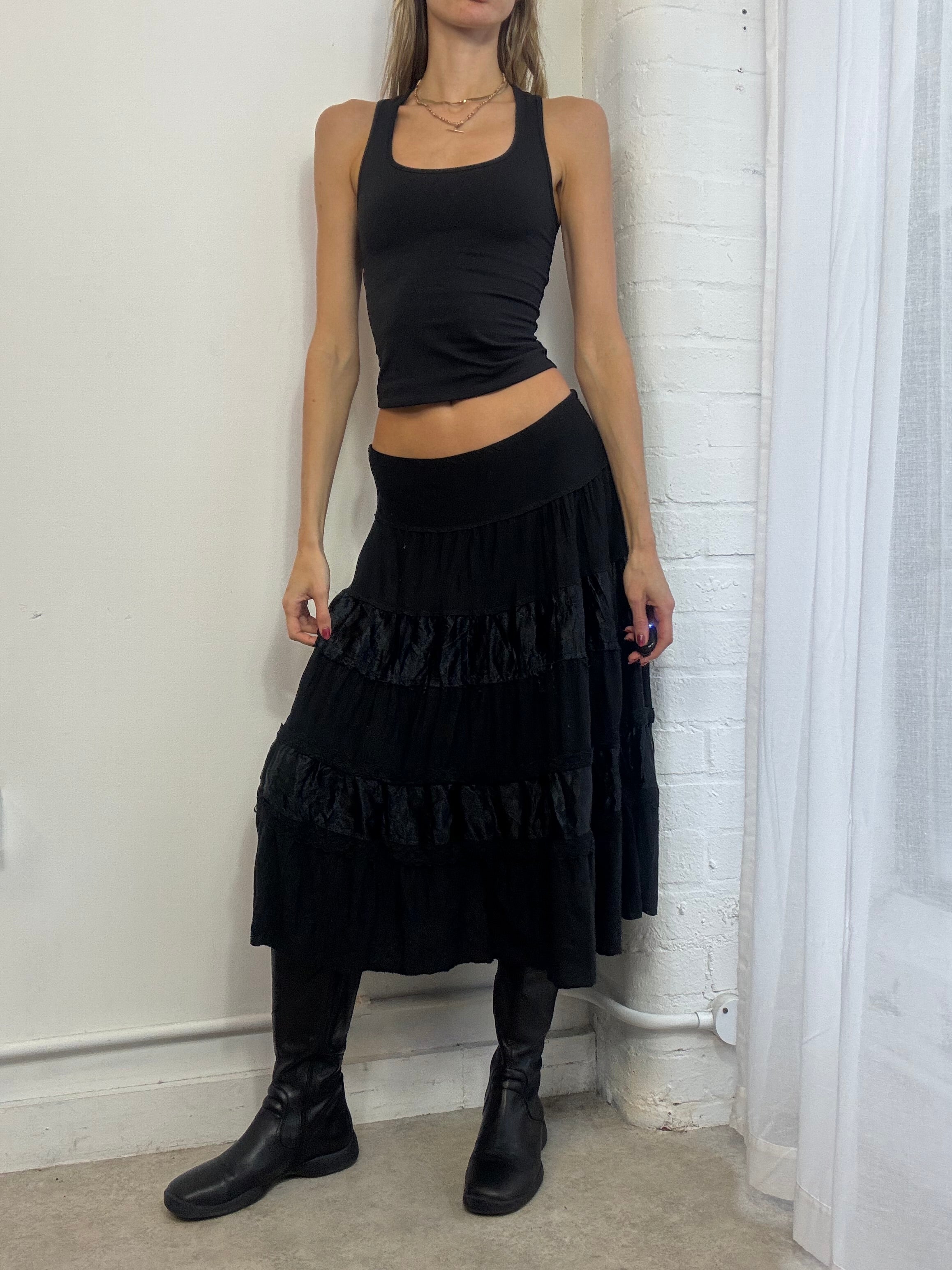 Vintage Y2K black tiered midi skirt