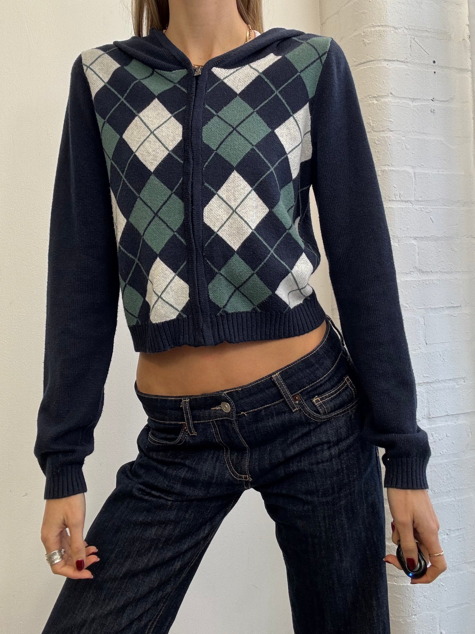 Vintage Y2K Hollister argyle print zip up hoodie navy