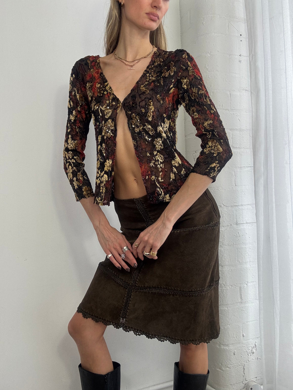 Vintage Y2K brown & orange floral open blouse - Size M