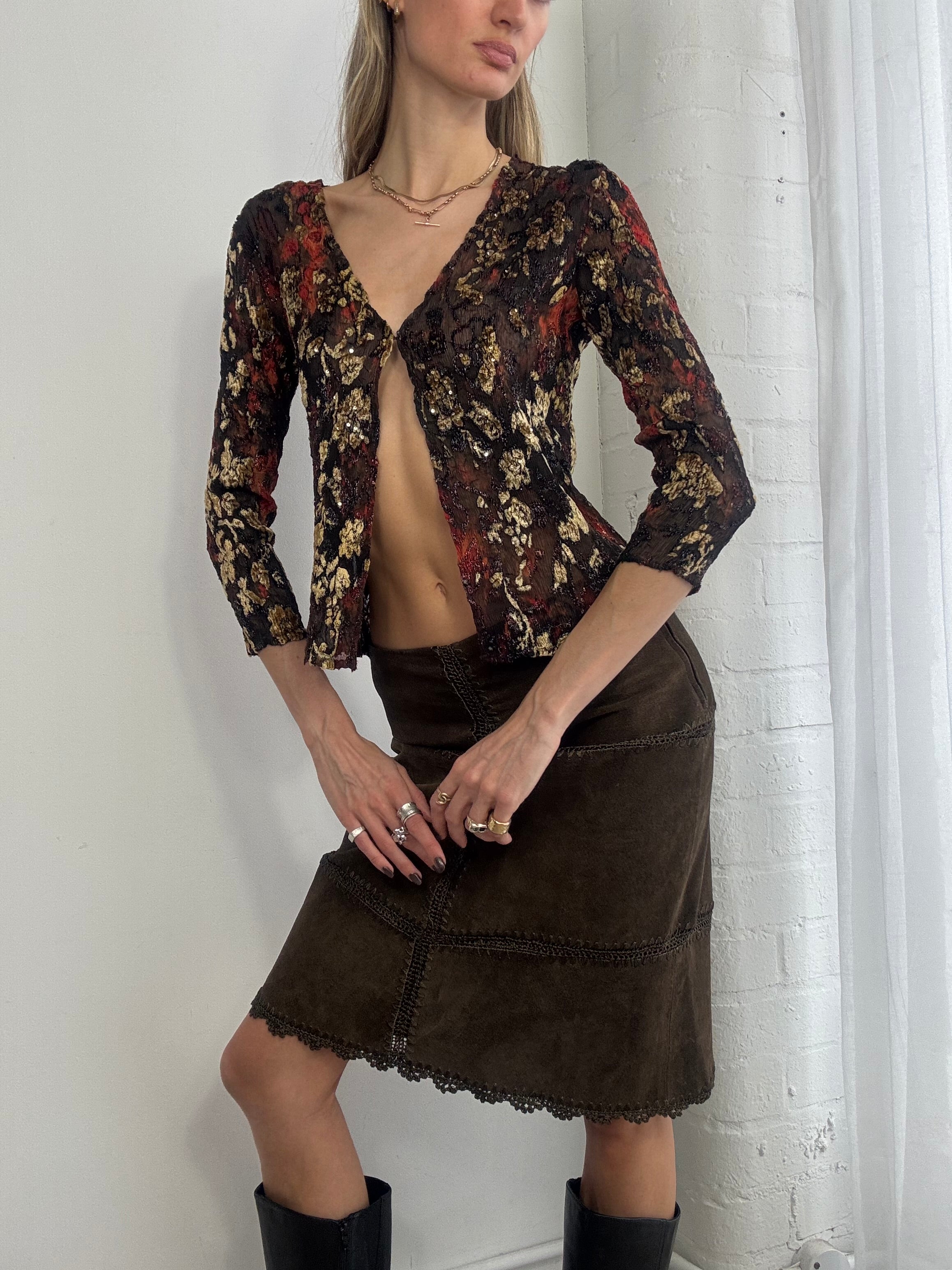 Vintage Y2K brown & orange floral open blouse - Size M