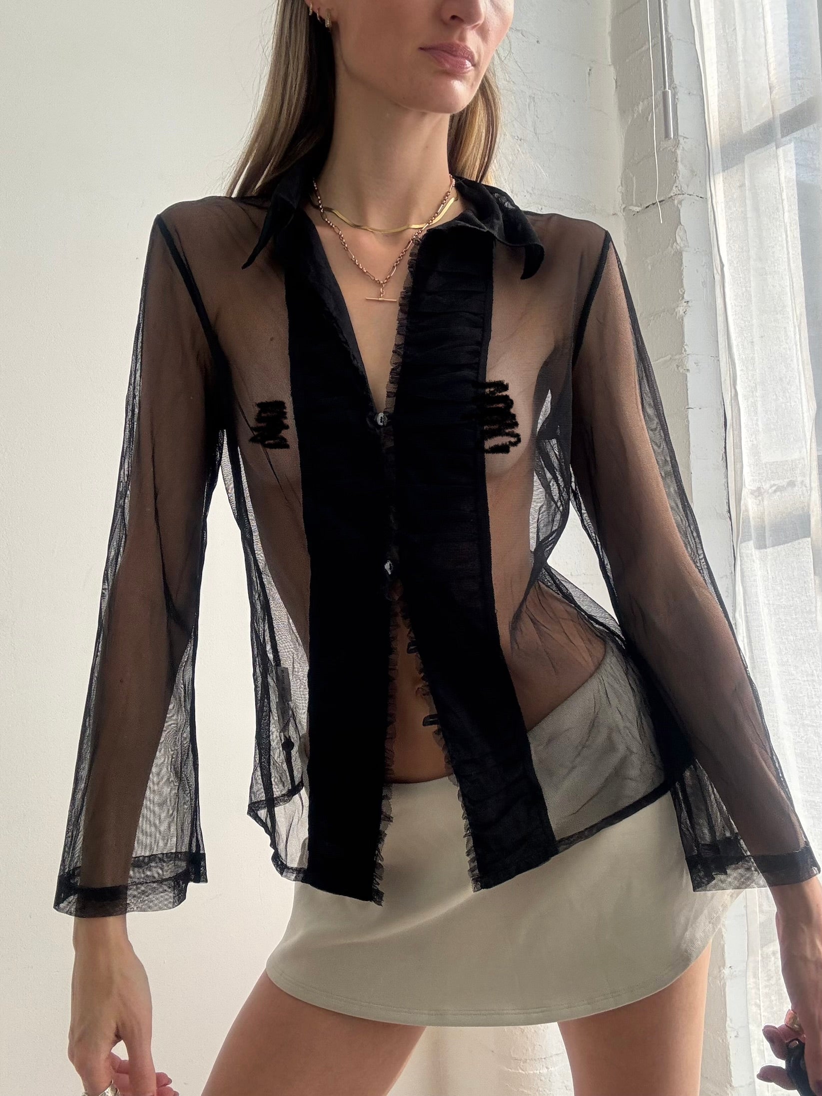 Vintage 90s Sheer Mesh Black Shirt Ruffles