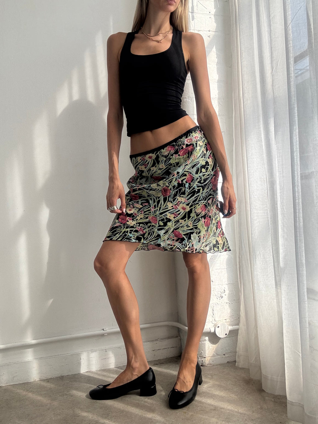 Vintage Y2K Floral Mesh Midi Skirt - Size M