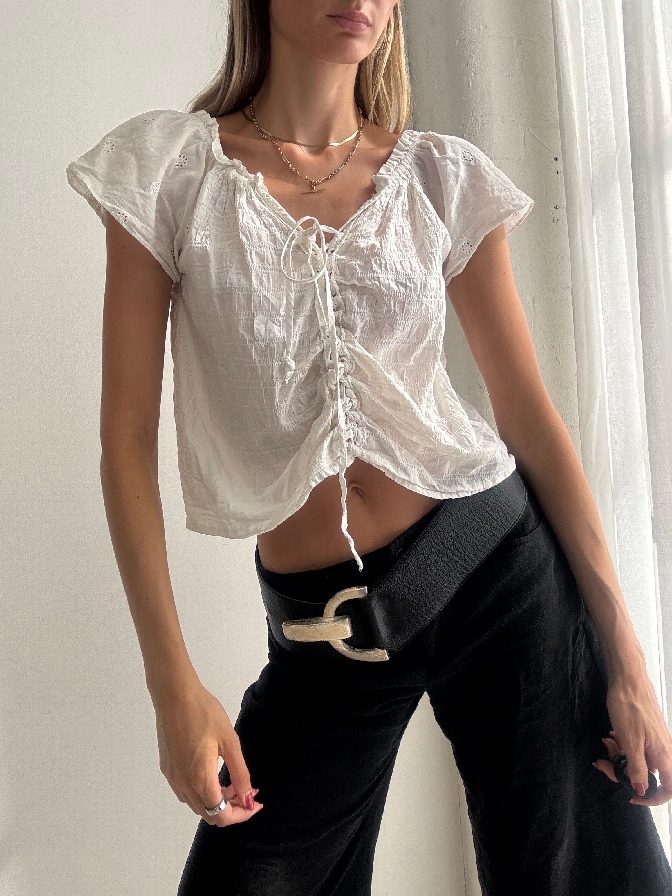 Vintage Y2K White Ruched Romantic Cotton Blouse - Size S