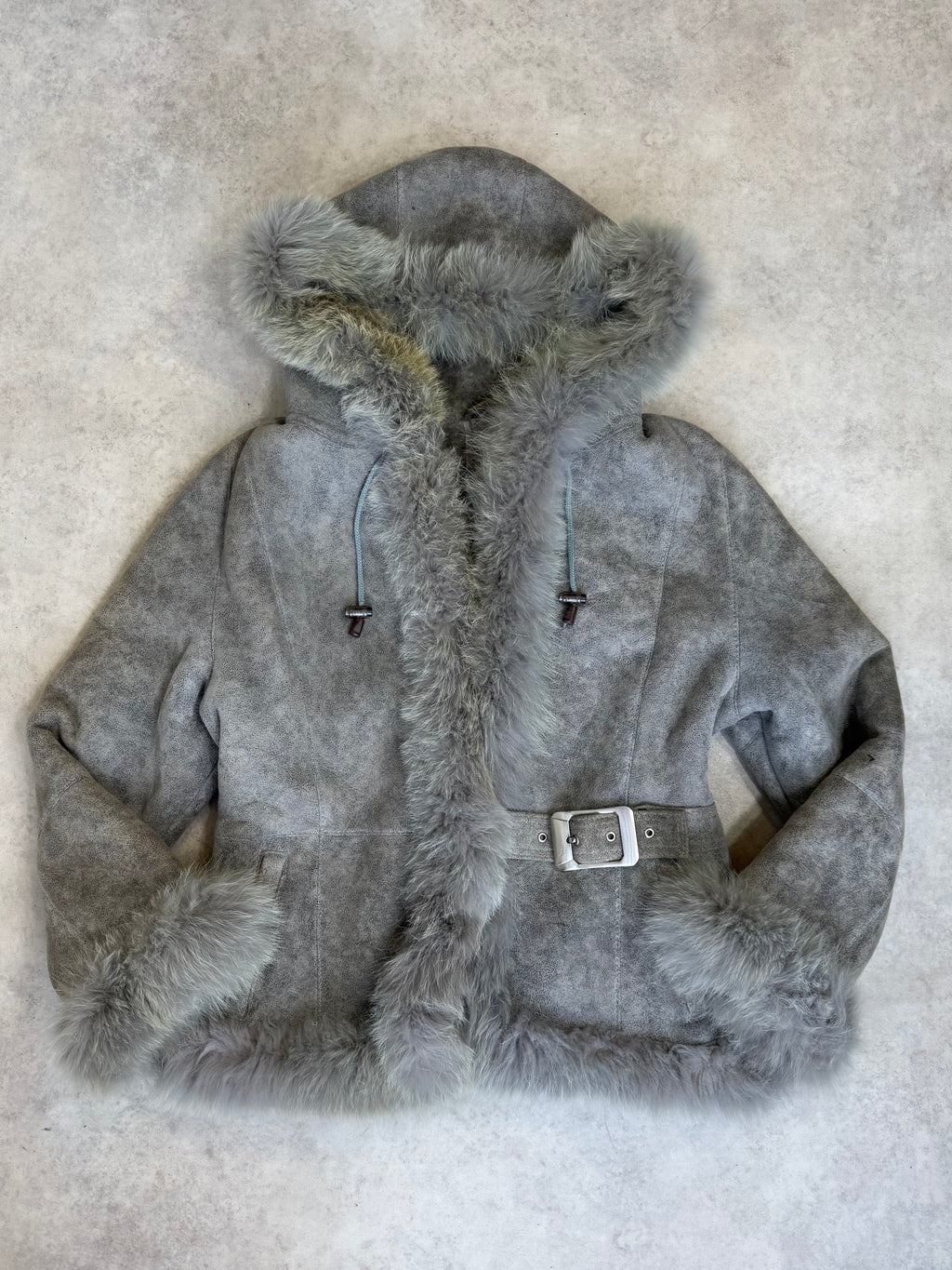 Vintage Y2K grey suede sheepskin hooded fur trim coat buckle