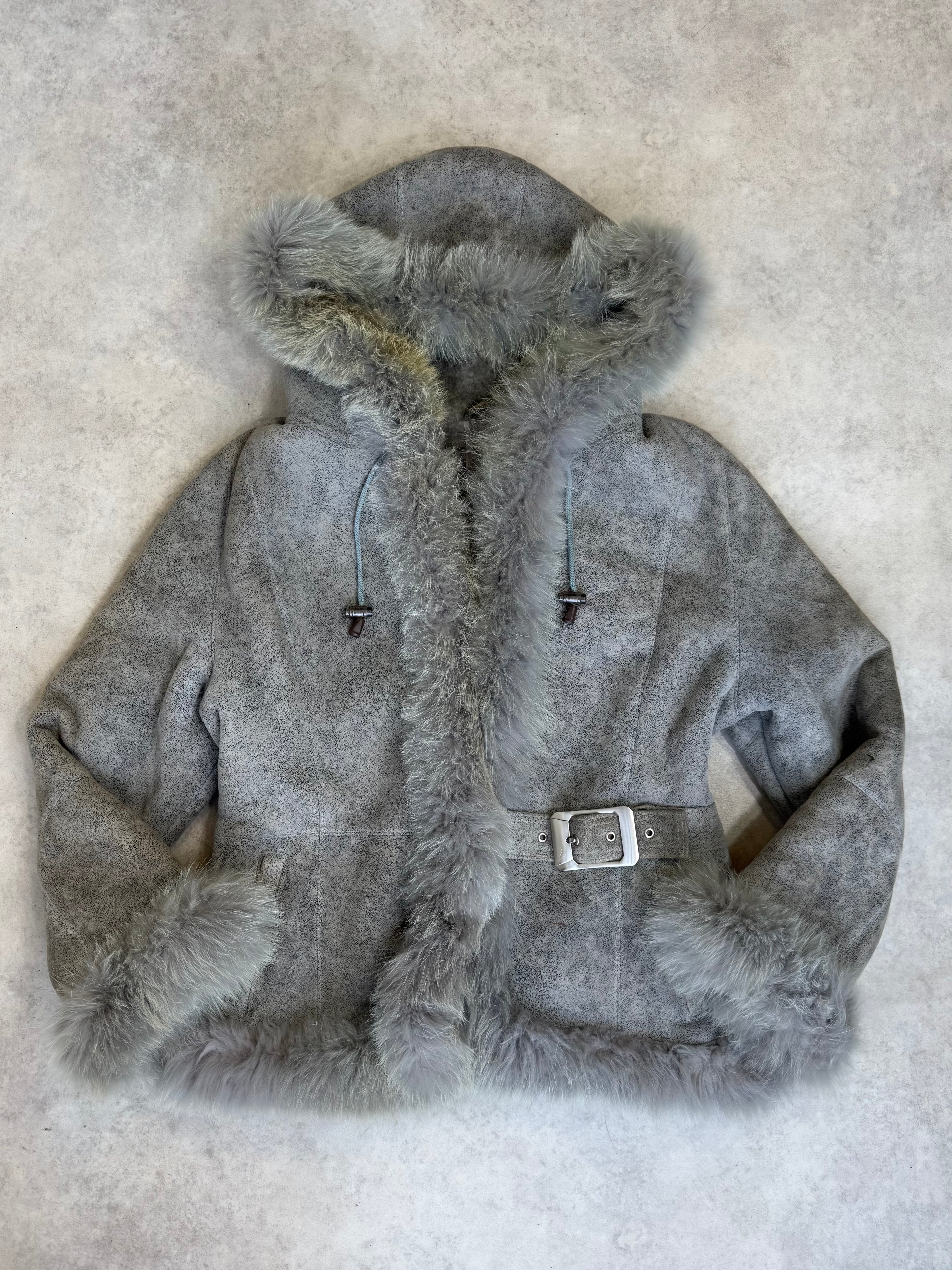 Vintage Y2K grey suede sheepskin hooded fur trim coat buckle