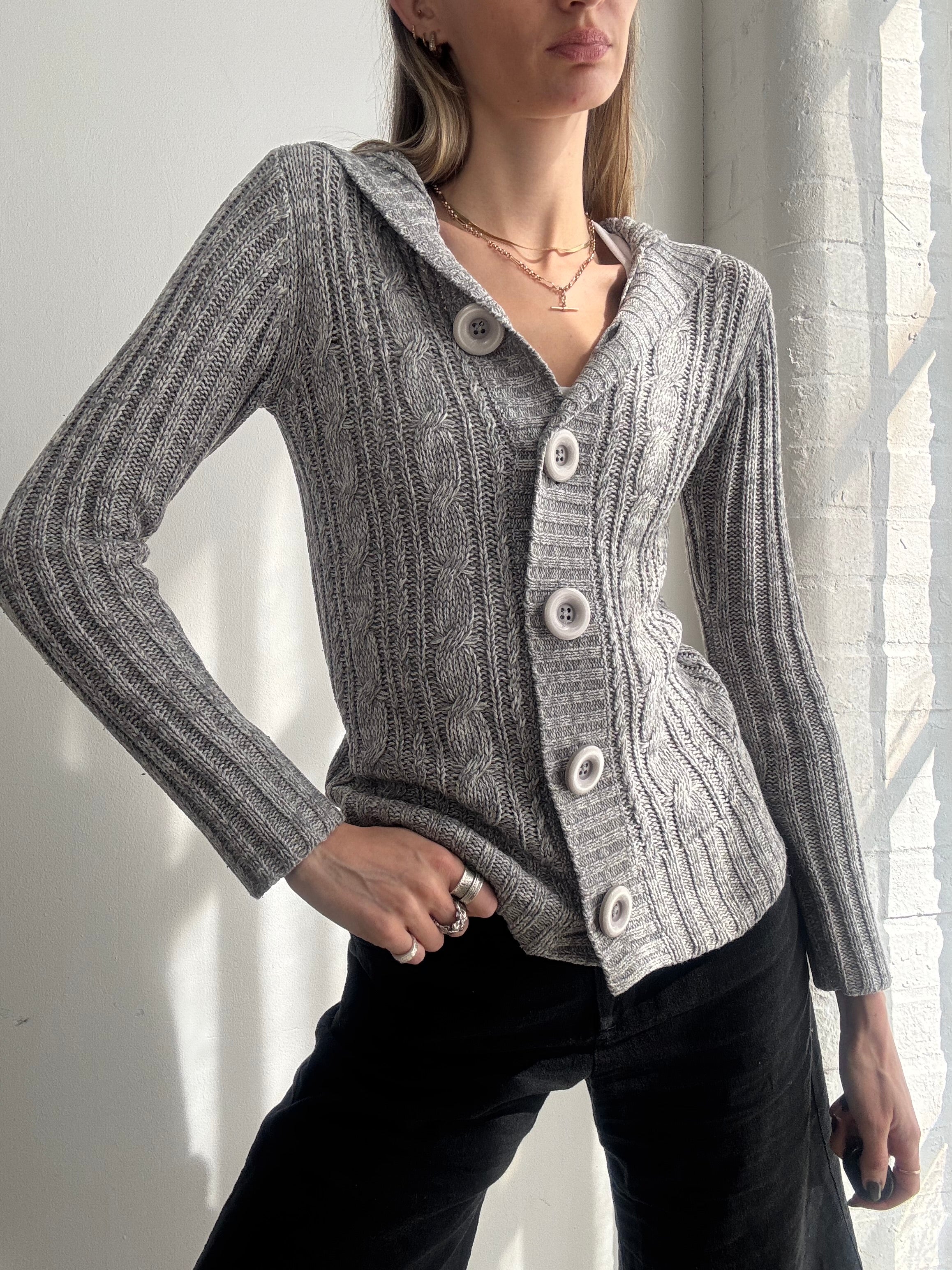 Vintage Y2K grey cable knit hooded cardigan - Size S
