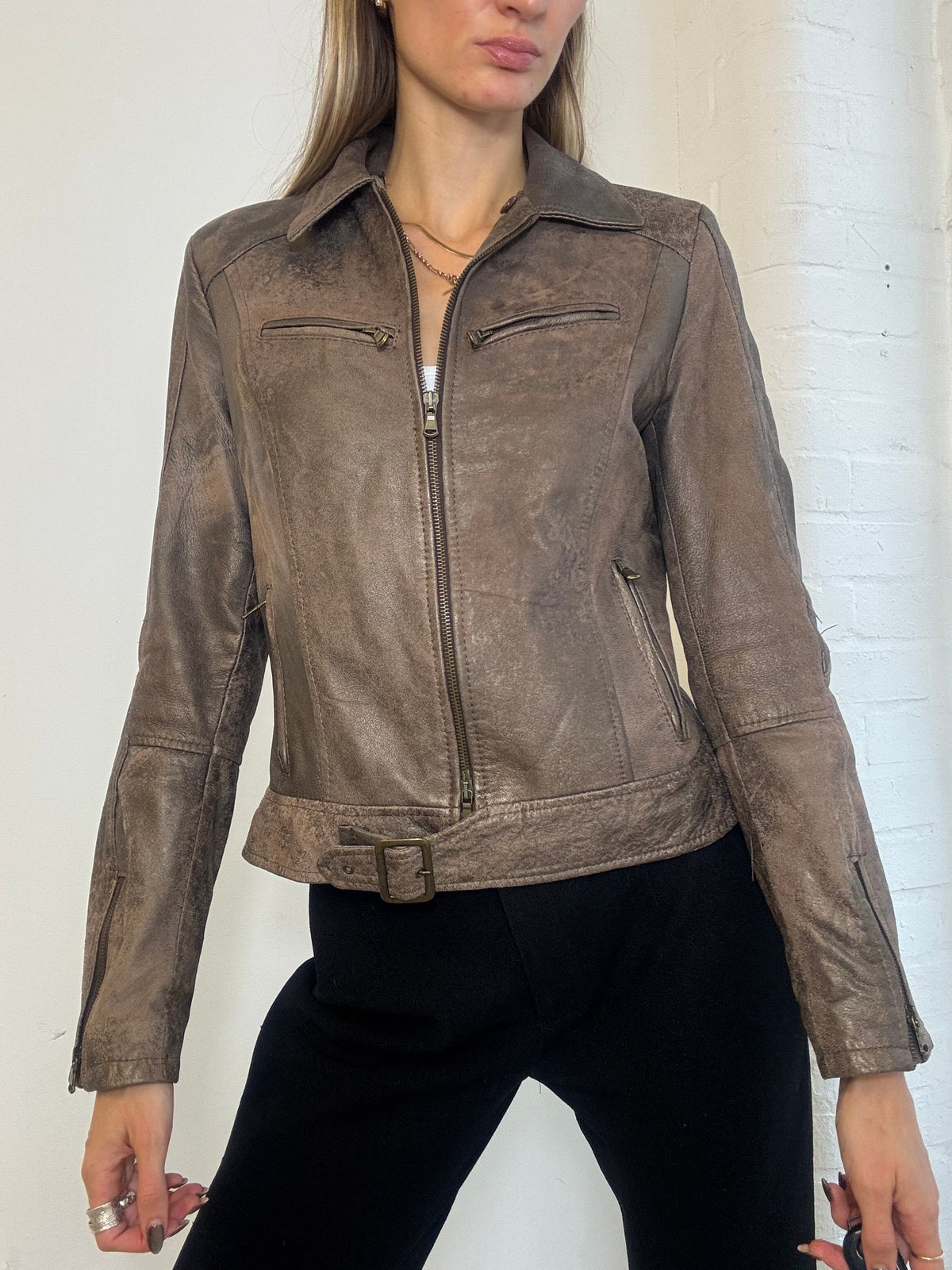 Vintage Y2K Distressed Taupe Real Leather Belted Zip Jacket - Size S
