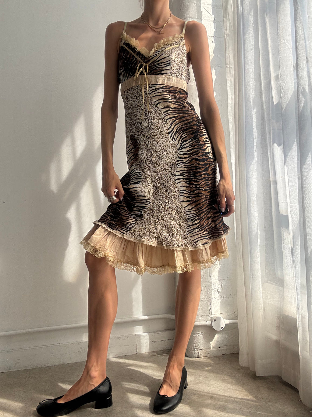 Vintage Y2K Animal Print Ruffle Slip Dress - Size S/M