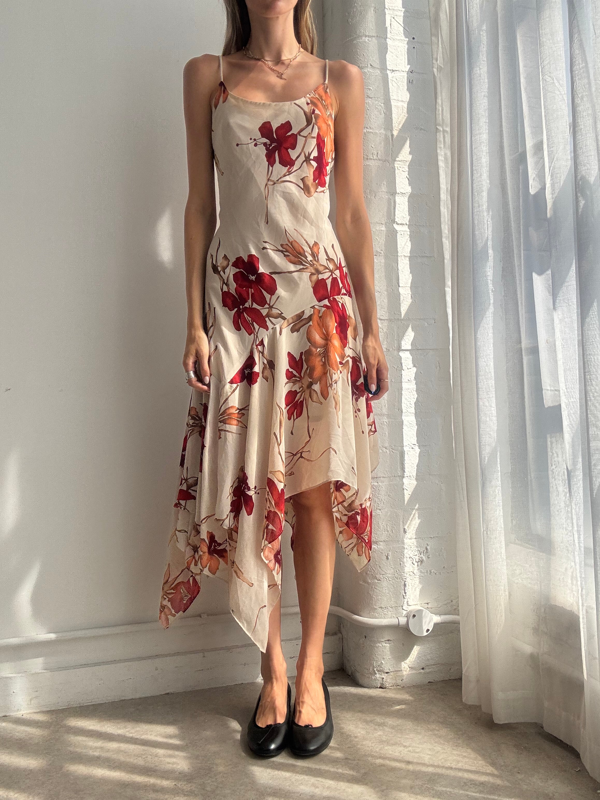 Vintage Y2K Floral Handkerchief Hem Slip Dress - Size L