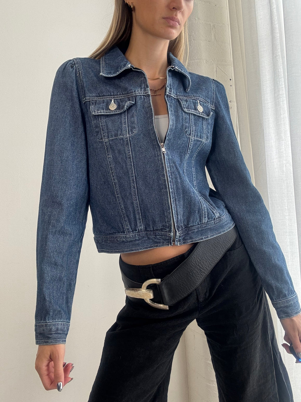 Vintage Y2K Zip Up Denim Jacket – Fitted Blue Jean Jacket - Size S
