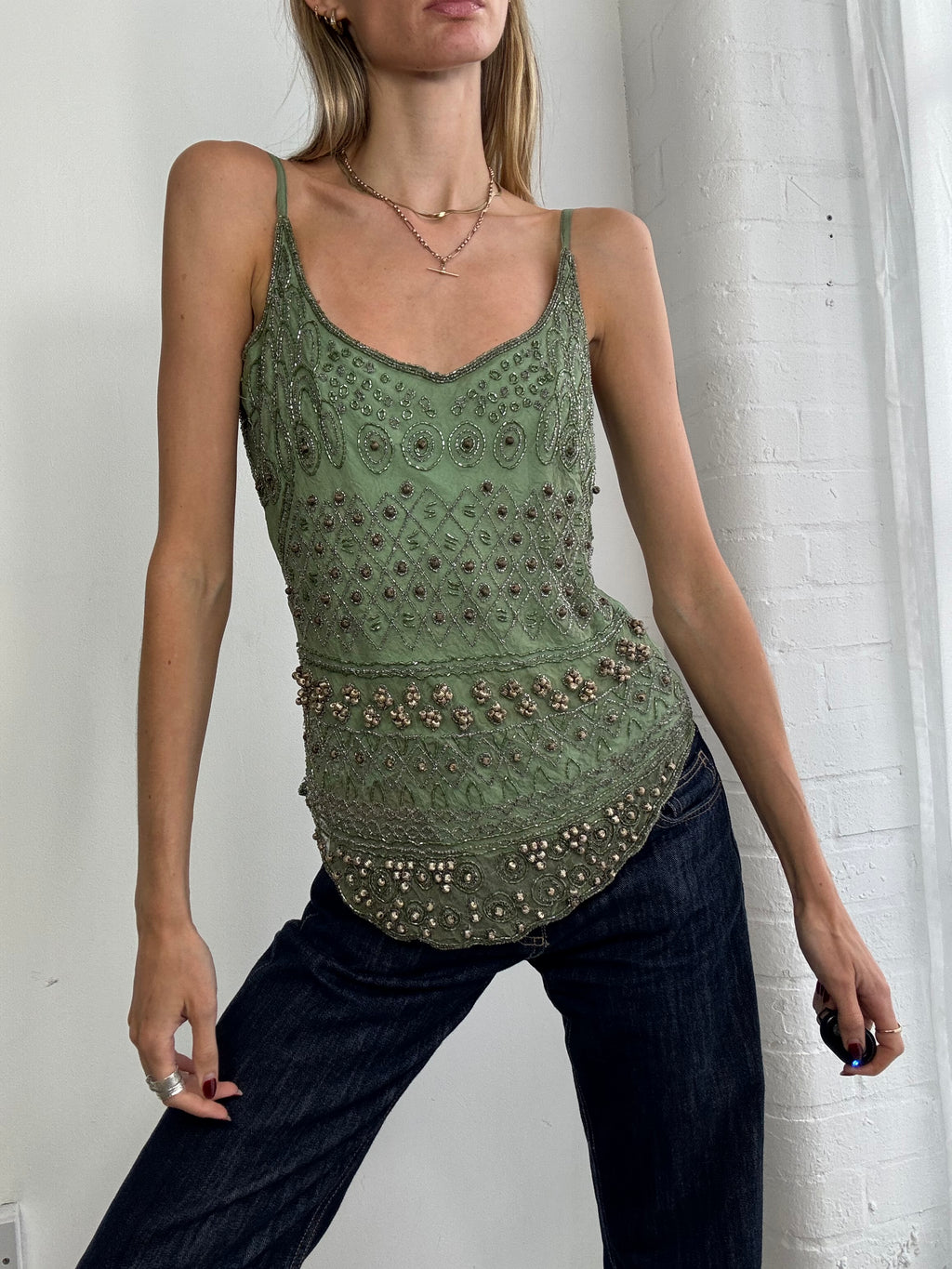Vintage Y2K silk beaded cami top green