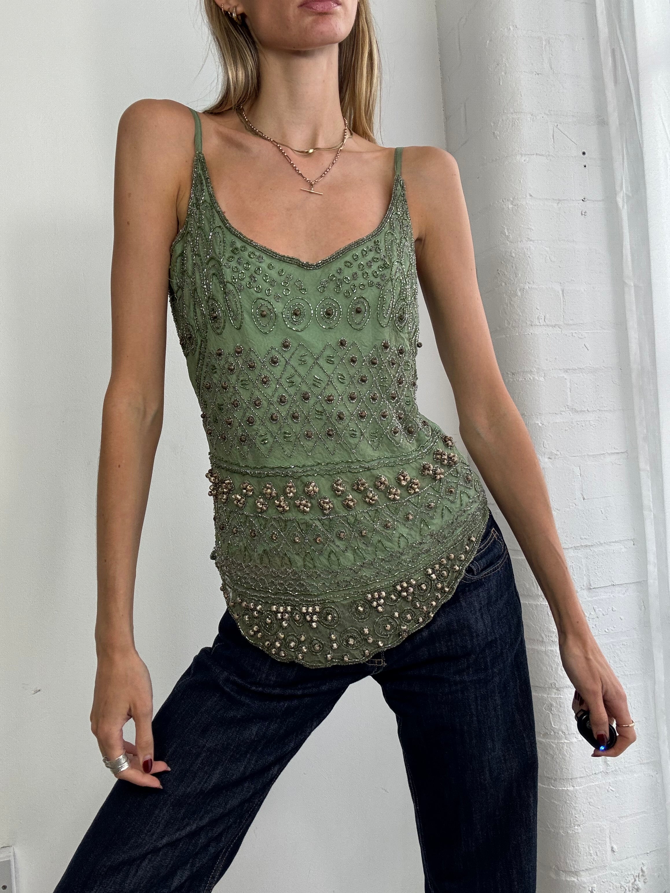 Vintage Y2K silk beaded cami top green