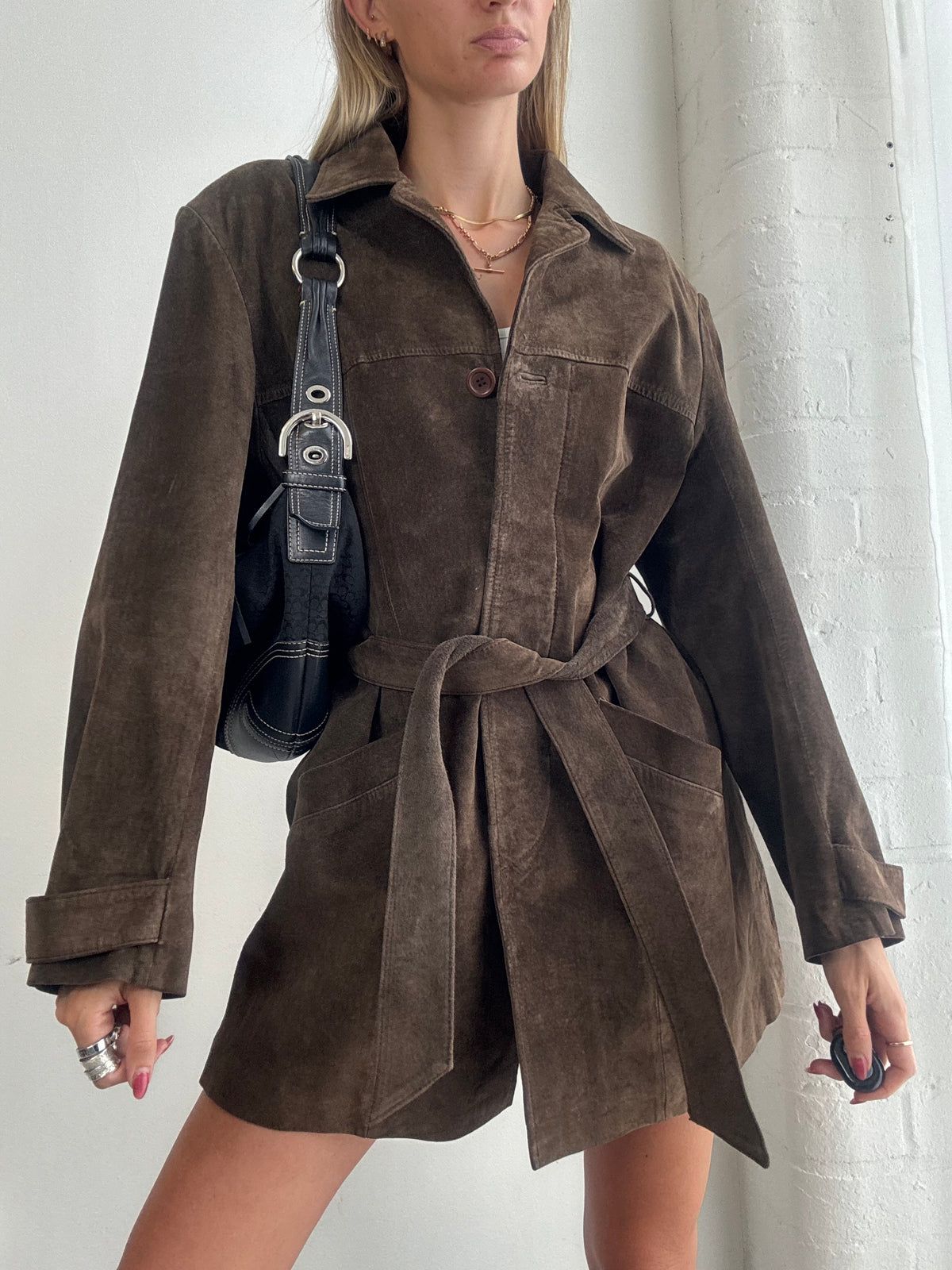 Vintage 90's Chocolate Brown Suede Belted Jacket - Size M