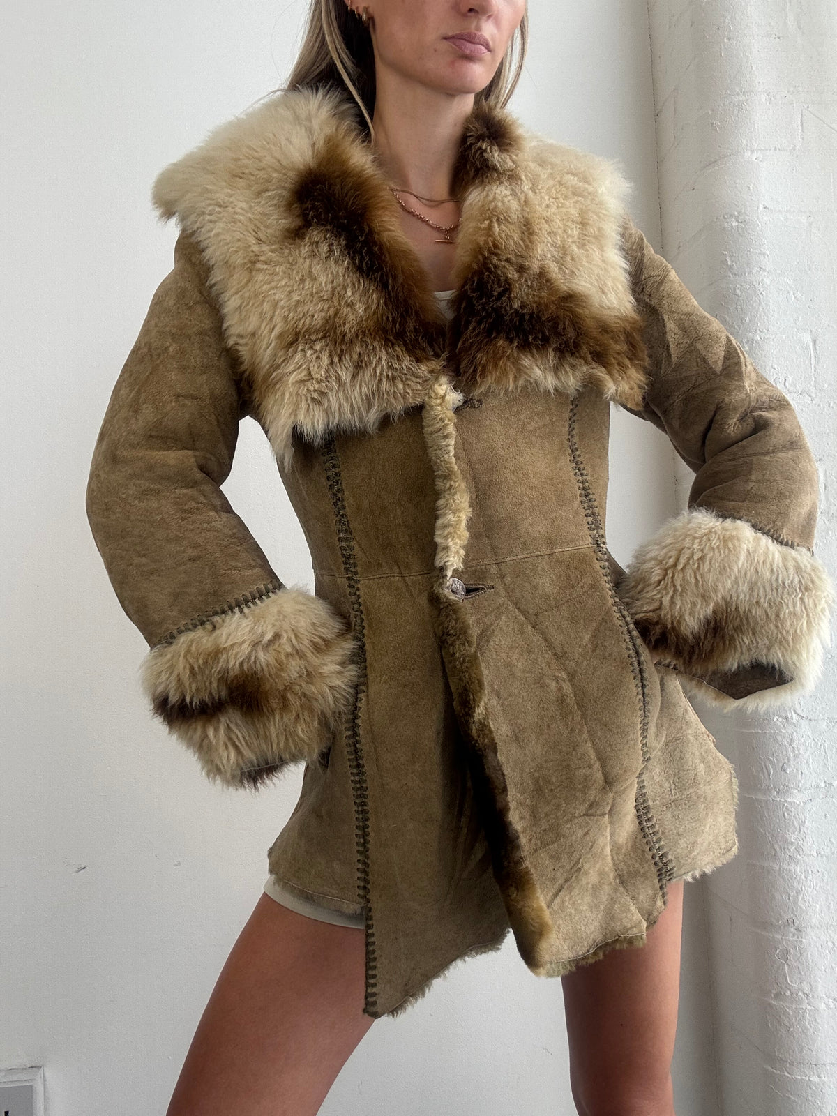 Vintage Y2K Tan Suede Fur Trim Afghan Shearling Coat - Size S