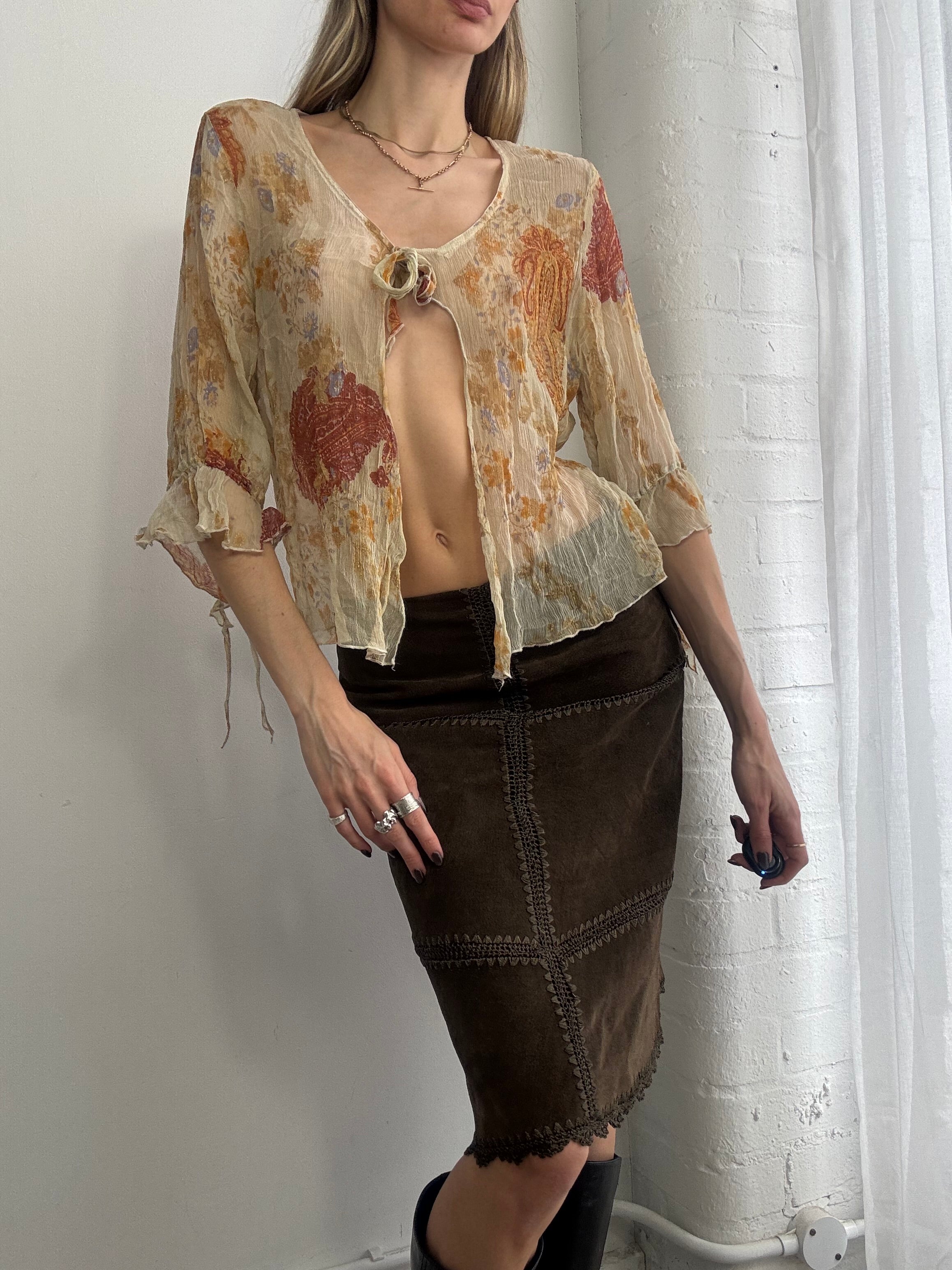 Vintage Y2K sheer floral tie-front silk blouse - Size L