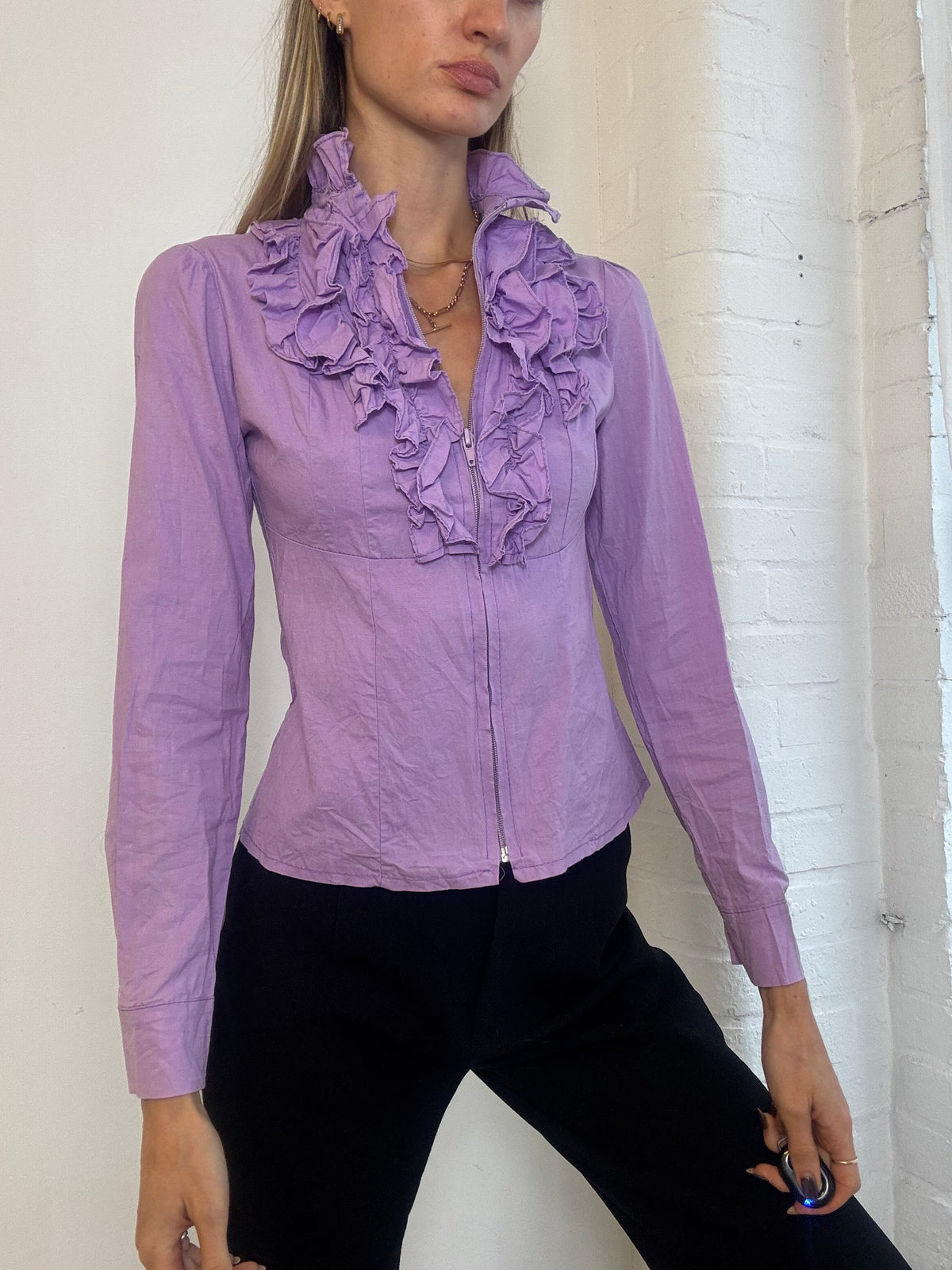 Vintage Y2K Lilac Ruffle Front Zip Up Shirt - Size S