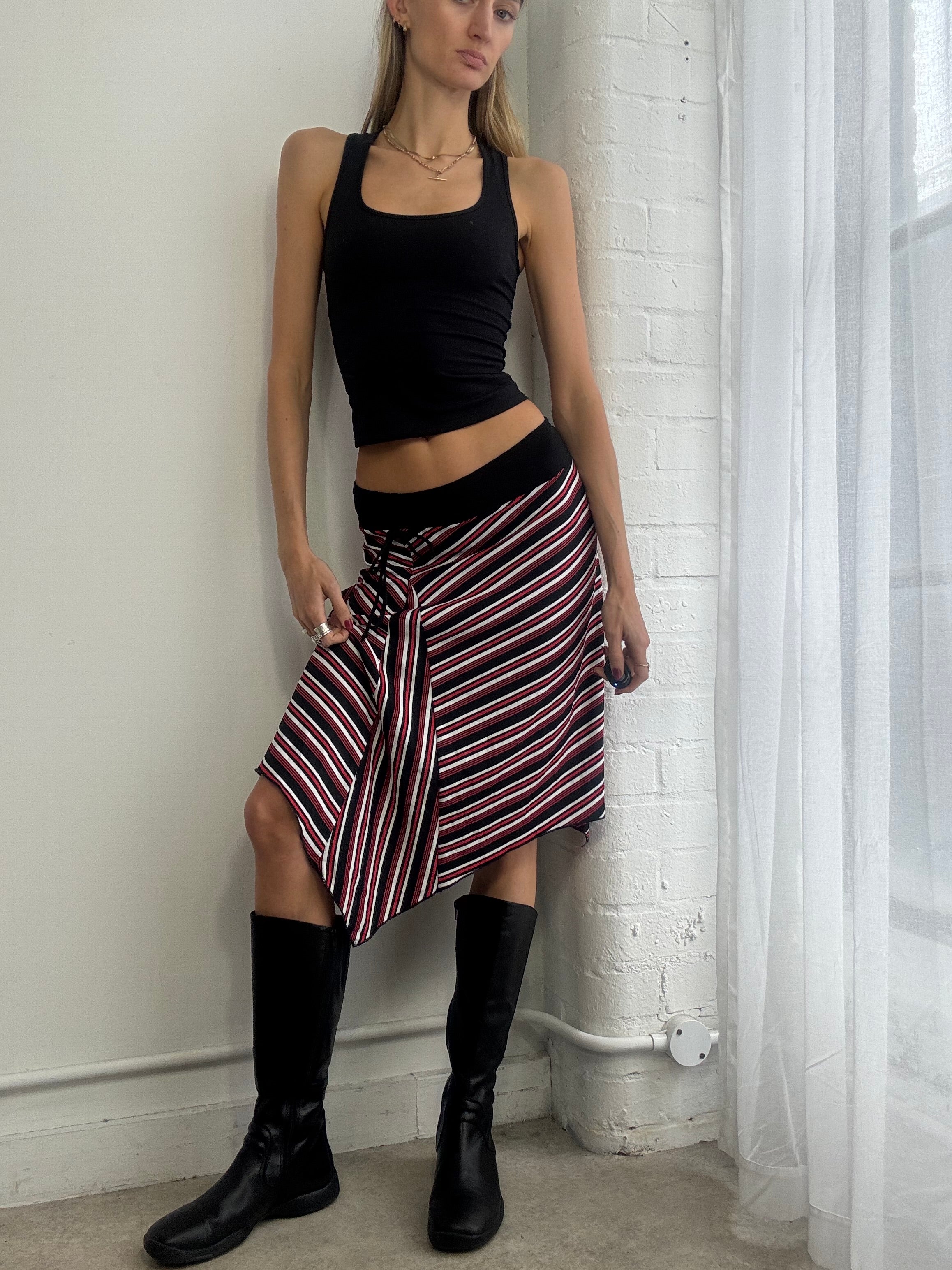Vintage Y2K black & red striped asymmetric midi skirt
