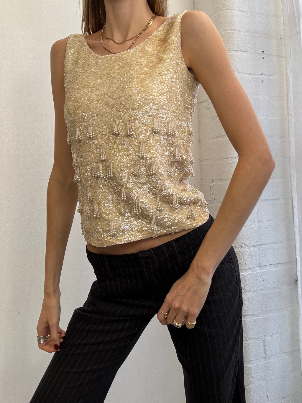 Vintage 90s cream beaded boat neck top