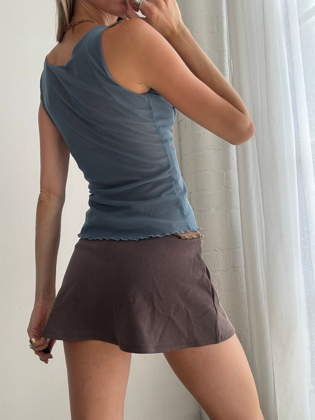 Vintage Y2K Blue Mesh Sleeveless Top – Ruffle Stretch Tank - Size S