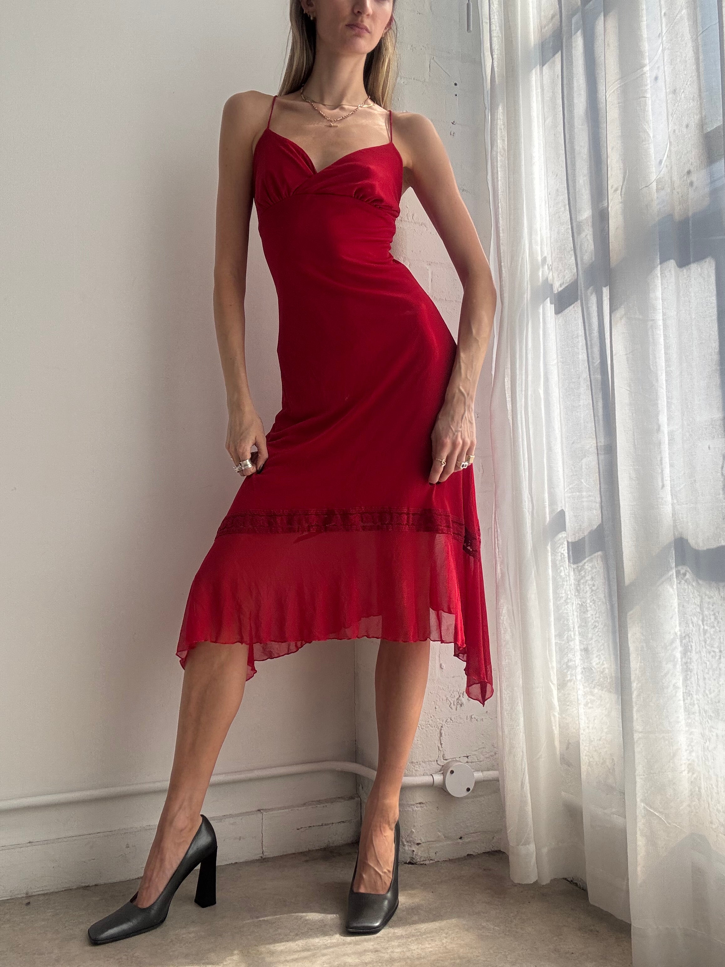Vintage Y2K red chiffon asymmetrical midi dress - Size S