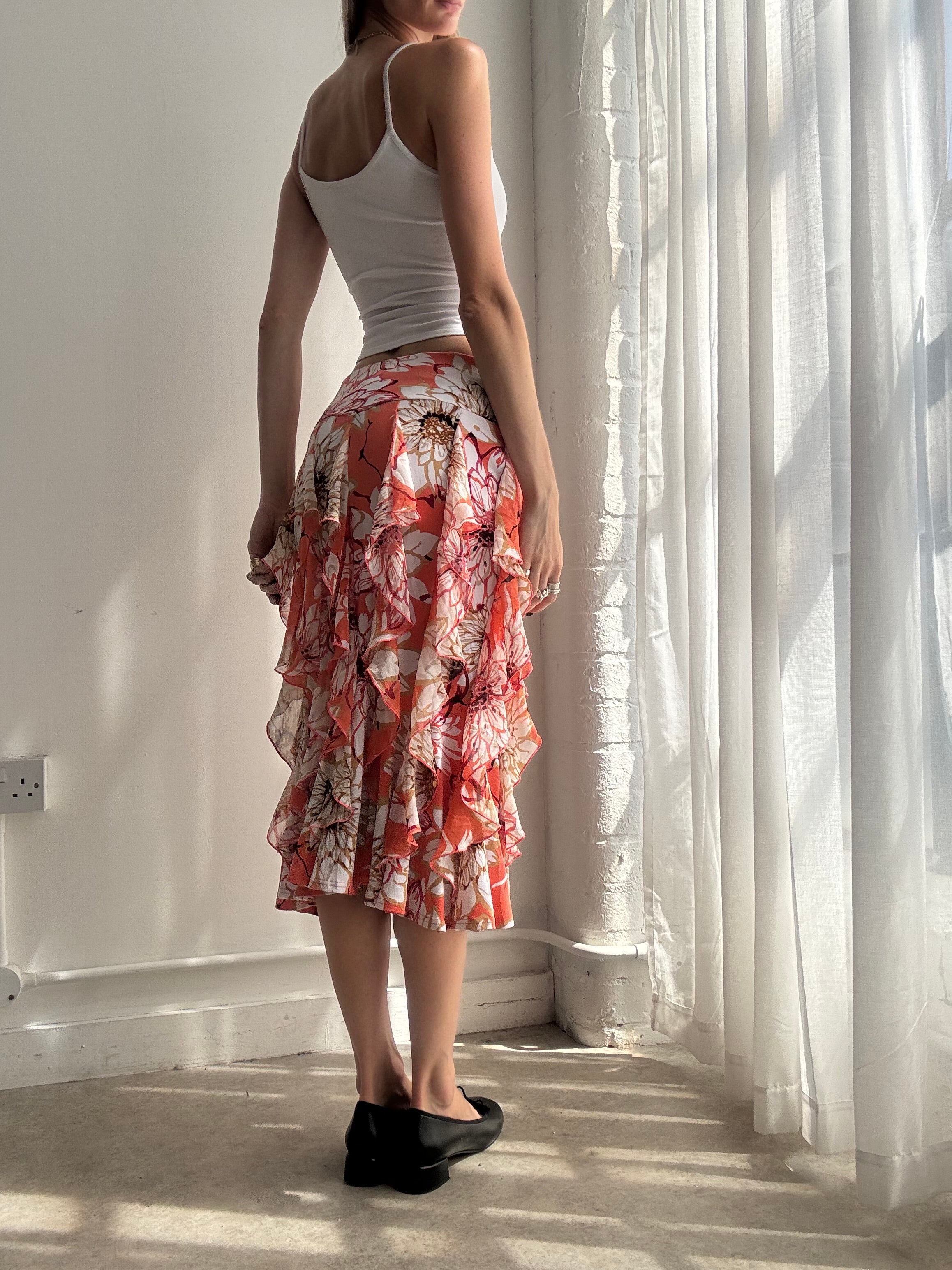 Vintage coral floral ruffle midi skirt - size xs/s