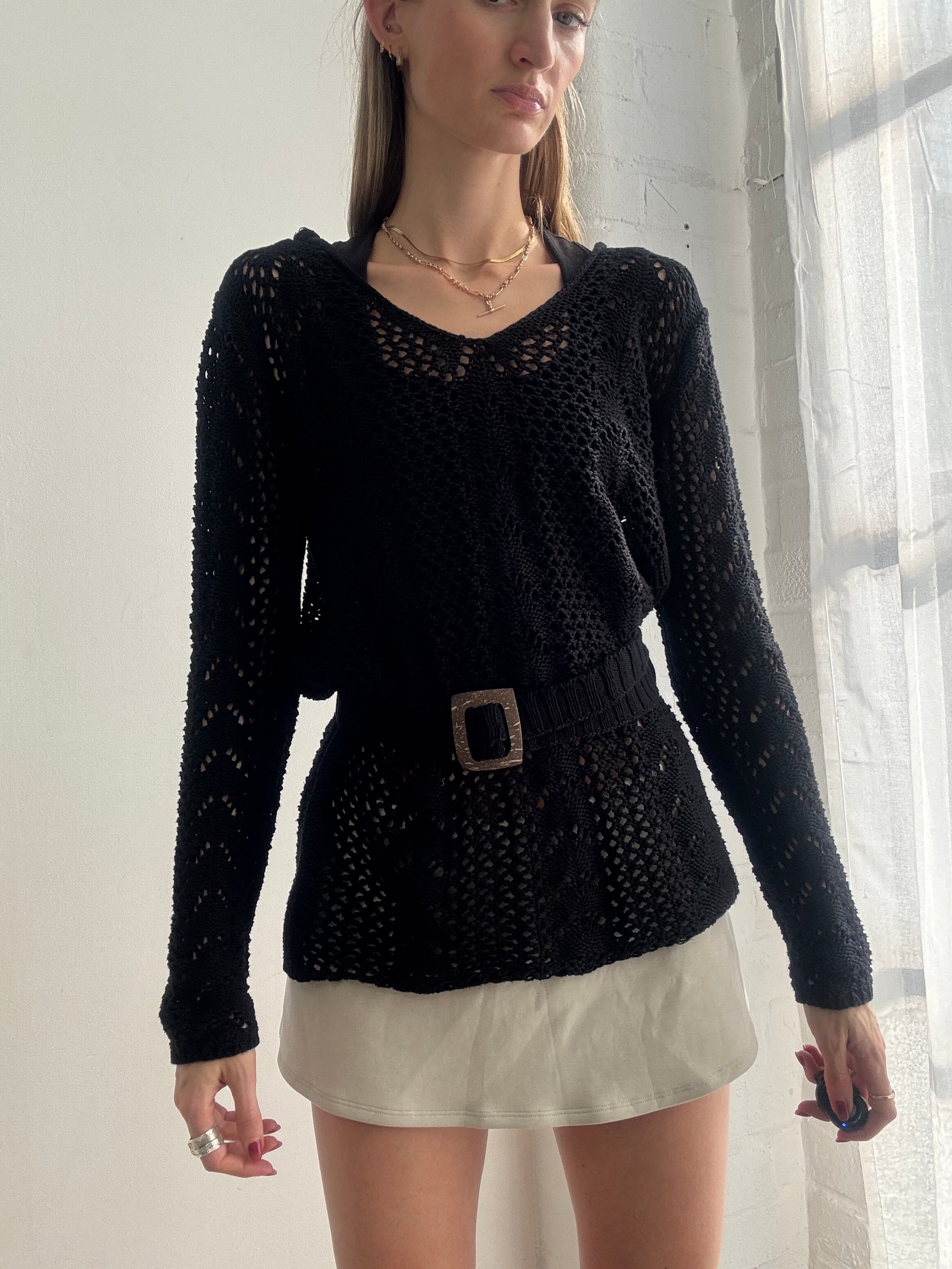 Vintage Y2k Crochet Knit Hooded Jumper Black Belted