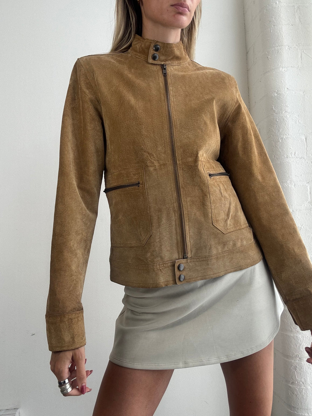 Vintage Y2K Tan Suede Fitted Biker Jacket - Size M