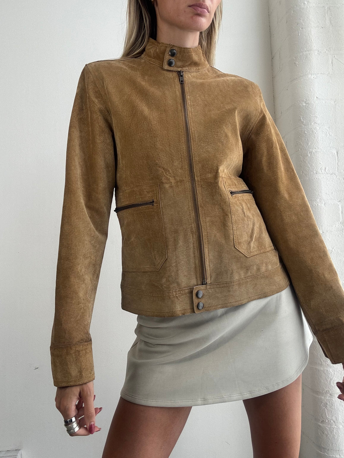 Vintage Y2K Tan Suede Fitted Biker Jacket - Size M