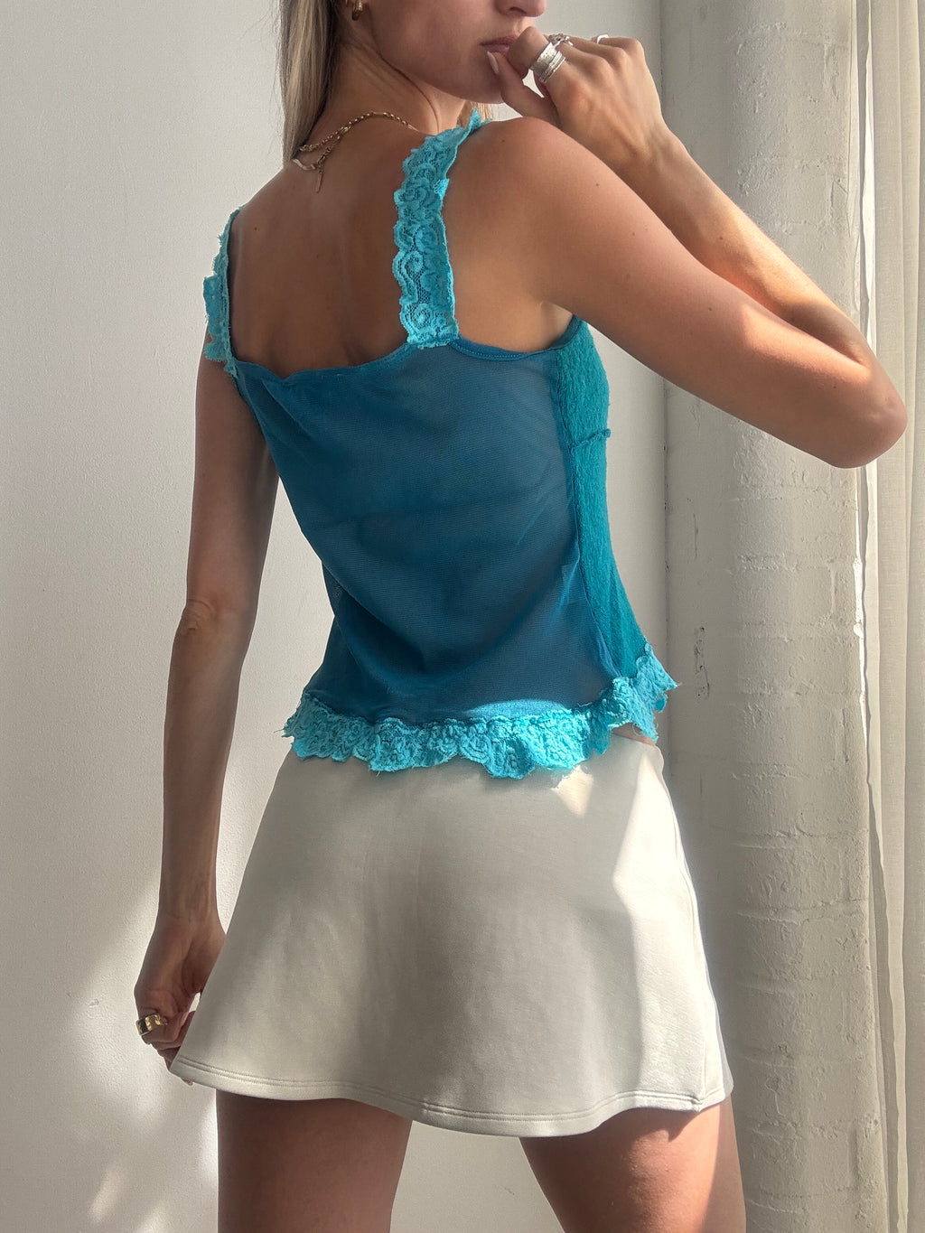Vintage Y2K Turquoise Lace Mesh Cami Top - Size M