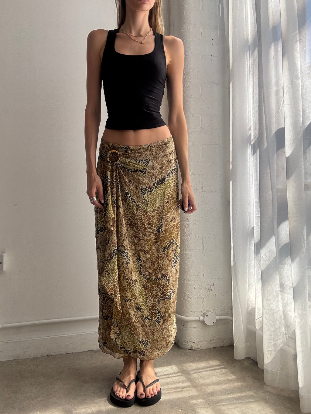 Vintage Sheer Printed Green Maxi Skirt Y2K - Size XS/S